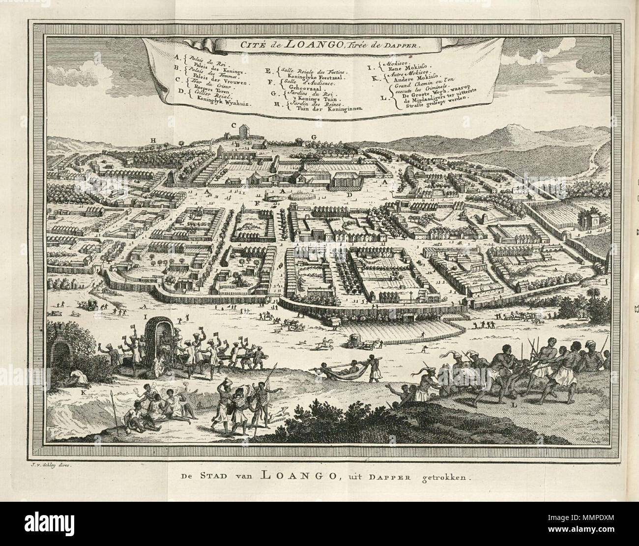 . Nederlands: Vogelvlucht van affida Loango. De Stad van affida Loango, uit Dapper getrokken. Cité de affida Loango, Tirée de Dapper. Legenda A-L. De prent è overgenomen uit: Olfert Dapper, 'Naukeurige Beschrijvingen der Afrikaensche gewesten', Koninklijke Bibliotheek, Den Haag, inv. nr. 185 B 11 deel I, na p. 518. Cfr. Koninklijke Bibliotheek, Den Haag, inv. nr. 3032 B 12 na p. 215. Inglese: vista panoramica di affida Loango. De Stad van affida Loango, uit Dapper getrokken. Cité de affida Loango, Tirée de Dapper. Il tasto A-L. La stampa è stata presa da: Olfert Dapper, 'Naukeurige Beschrijvingen der Afrikaensche gewesten', Koninklijke Foto Stock