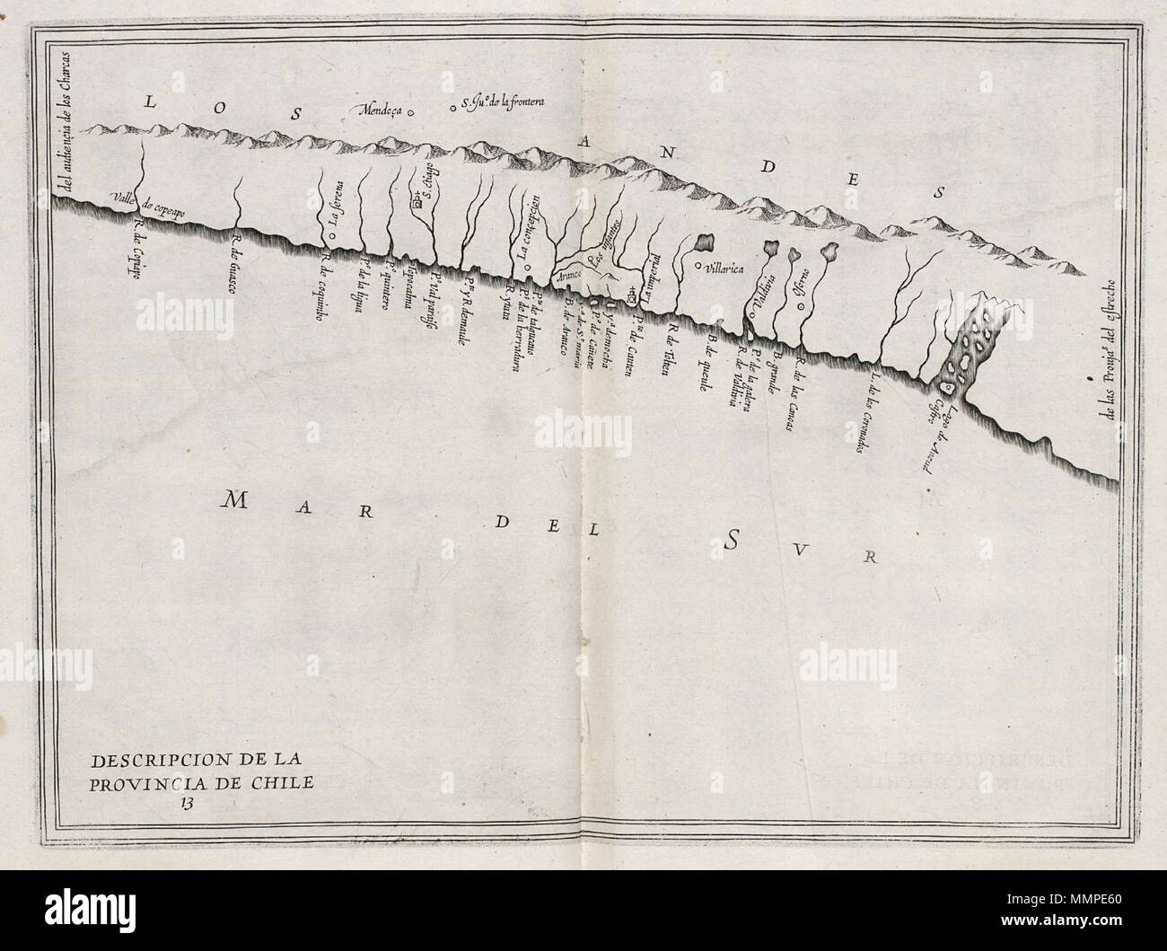 . Nederlands: Kaart van chili. Descrizione De La Provincia de Chile. Inglese: Mappa del Cile. Descrizione De La Provincia de Chile. Nederlands: Kaart van Chili inglese: Mappa del Cile . 1622. Creatore:M. Colijn Nederlands: M. Colijn (uitgever), Anoniem / Anonimo (landmeter / kaartenmaker) Inglese: M. Colijn (editore), Anoniem / Anonimo (geometra / cartografo) AMH-8117-KB Mappa di Cile Foto Stock