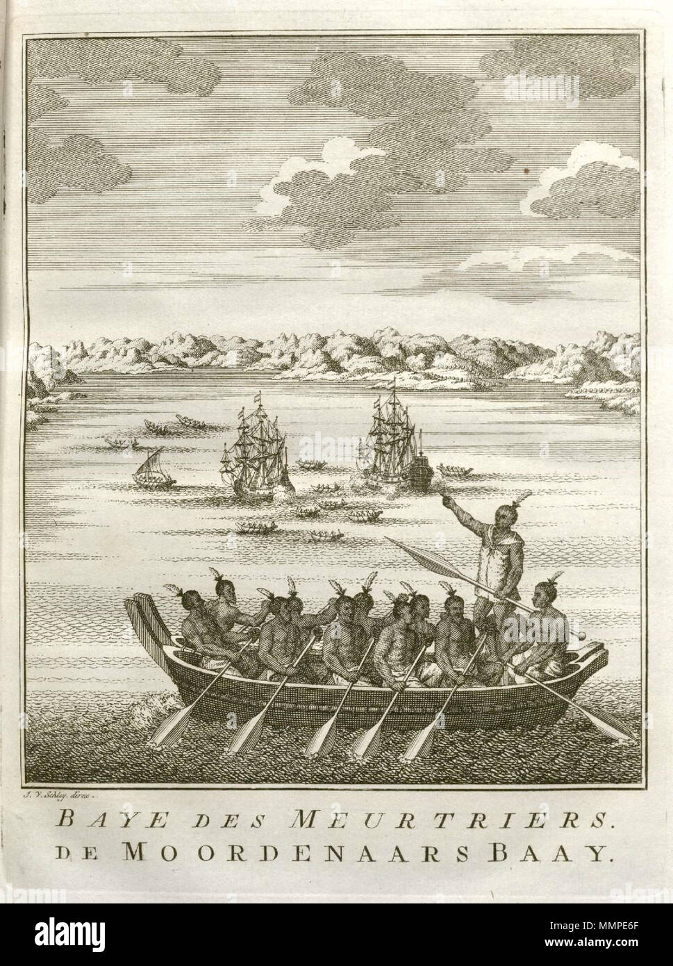 . Nederlands: Gezicht op de Moordenaarsbaai (Nieuw Zeeland). Baye des Meurtriers / De Moordenaars Baay. De prent è gebaseerd op een afbeelding uit het reisjournaal van Abel Tasman. Inglese: Vista di assassini' Bay (Nuova Zelanda). Baye des Meurtriers / De Moordenaars Baay. La stampa è basato su di un'immagine contenuta nel giornale di viaggio di Abel Tasman. Nederlands: Gezicht op de Moordenaarsbaai (Nieuw Zeeland) Inglese: Vista di assassini' Bay (Nuova Zelanda) . circa 1750. Jakob van der Schley (1715-1779) nomi alternativi Jacob van der Schley, Jakob van der Schley, Jakobus van der Schley Desc Foto Stock
