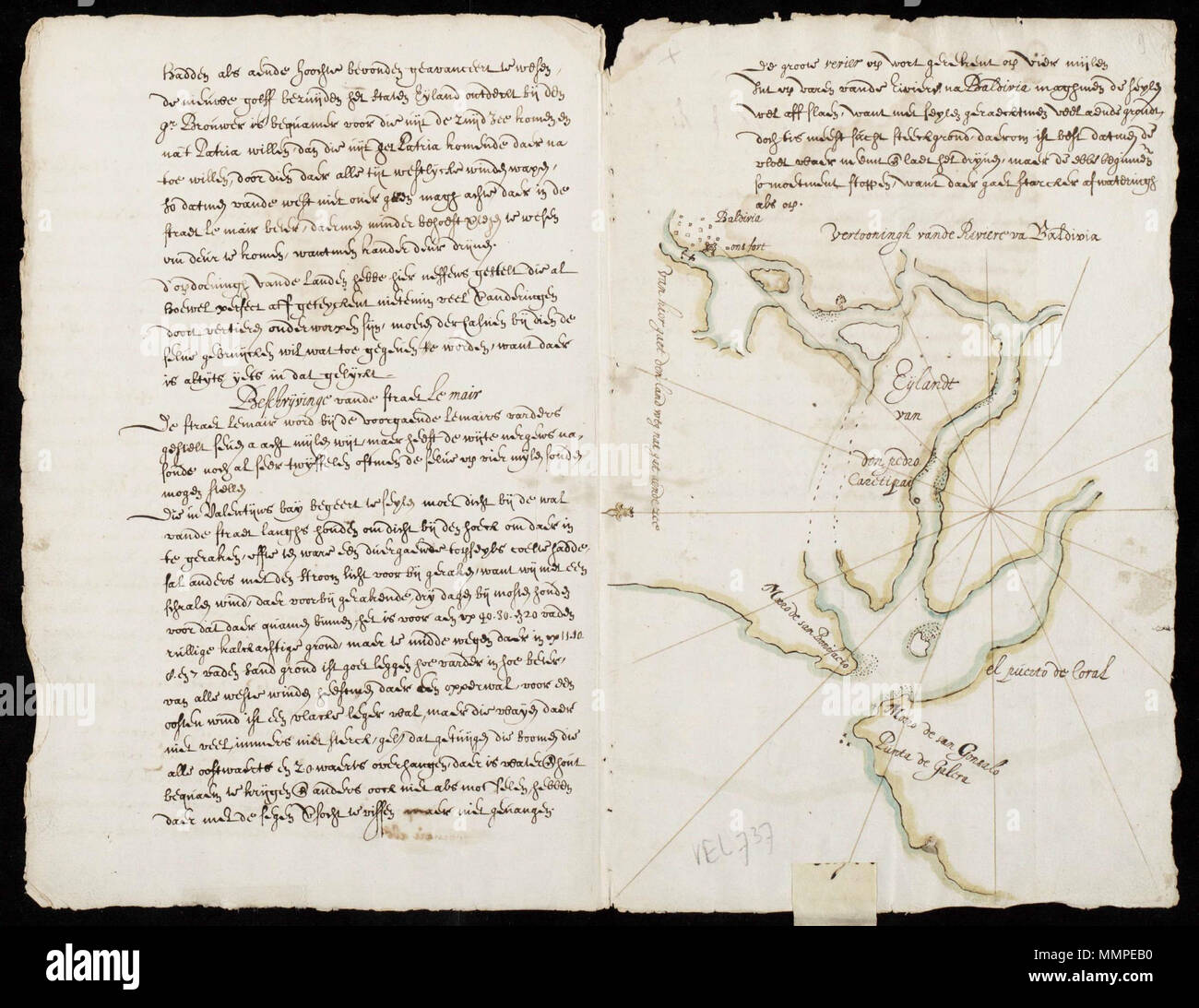 . Nederlands: Kaart van de stad Valdivia in Chili incontrato omgeving. Titel Catalogus Leupe: Vertooningh van de Riviere van Baldivia. Middenonder, in potlood: VEL 737. De kaarten VEL0737, VEL0738 en VEL0739 uit het Nationaal Archief komen allen uit hetzelfde reisjournaal van E. Herckmans uit 1643. Inglese: Mappa della città di Valdivia e dintorni in Cile. Titolo nel catalogo Leupe: Vertooningh van de Riviere van Baldivia. In basso al centro, a matita: VEL 737. I grafici di VEL0737, VEL0738 e VEL0739 nell'Archivio Nazionale provengano tutti dallo stesso giornale di viaggio, che di E. Herckmans risalente al 1643 Foto Stock