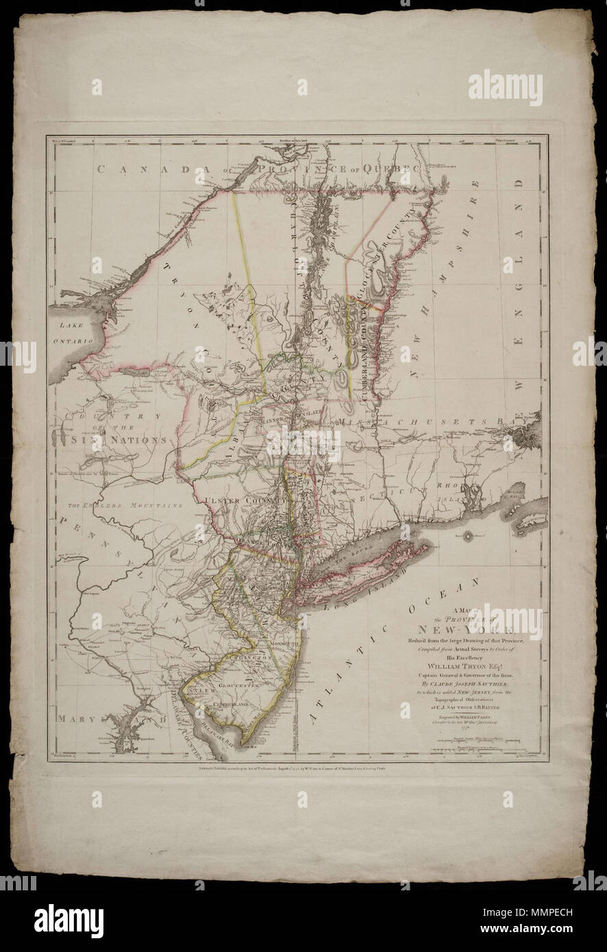 . Nederlands: Kaart van de omgeving van New York. Titel Catalogus Leupe (NA): una mappa della provincia di New York ecc. a cui viene aggiunto New-Jersey ecc. Una mappa della provincia di New York, / Reduc'd dal grande disegno di quella provincia, compilato da indagini effettivi per ordine di / Sua Eccellenza / William Tryon Es:r / Capitano Generale e Governatore della stessa, di Claude Joseph Sauthier; a cui si aggiunge New-Jersey. Inglese: Mappa della zona intorno a New York. Titolo nel catalogo Leupe (NA): una mappa della provincia di New York ecc. a cui viene aggiunto New-Jersey ecc. Una mappa della provincia di New York, Foto Stock