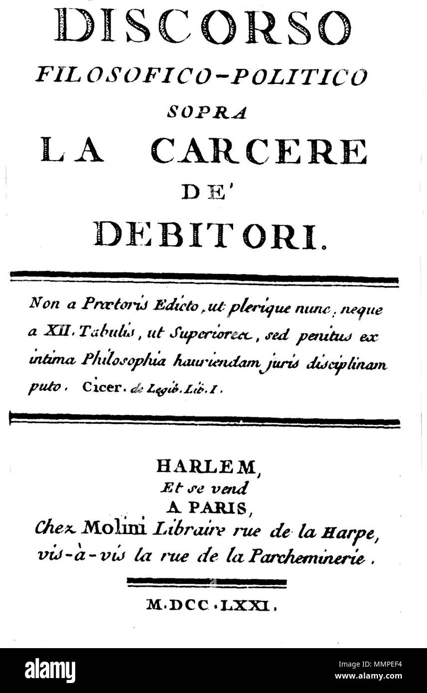 . Frontespizio del discorso filosofico-politico sopra la carcere de' debitori di Cosimo Amidei, ed. Harlem, Parigi, 1771. . 1771. Cosimo Amidei Amidei Discorso ed bilingue 1771 Foto Stock