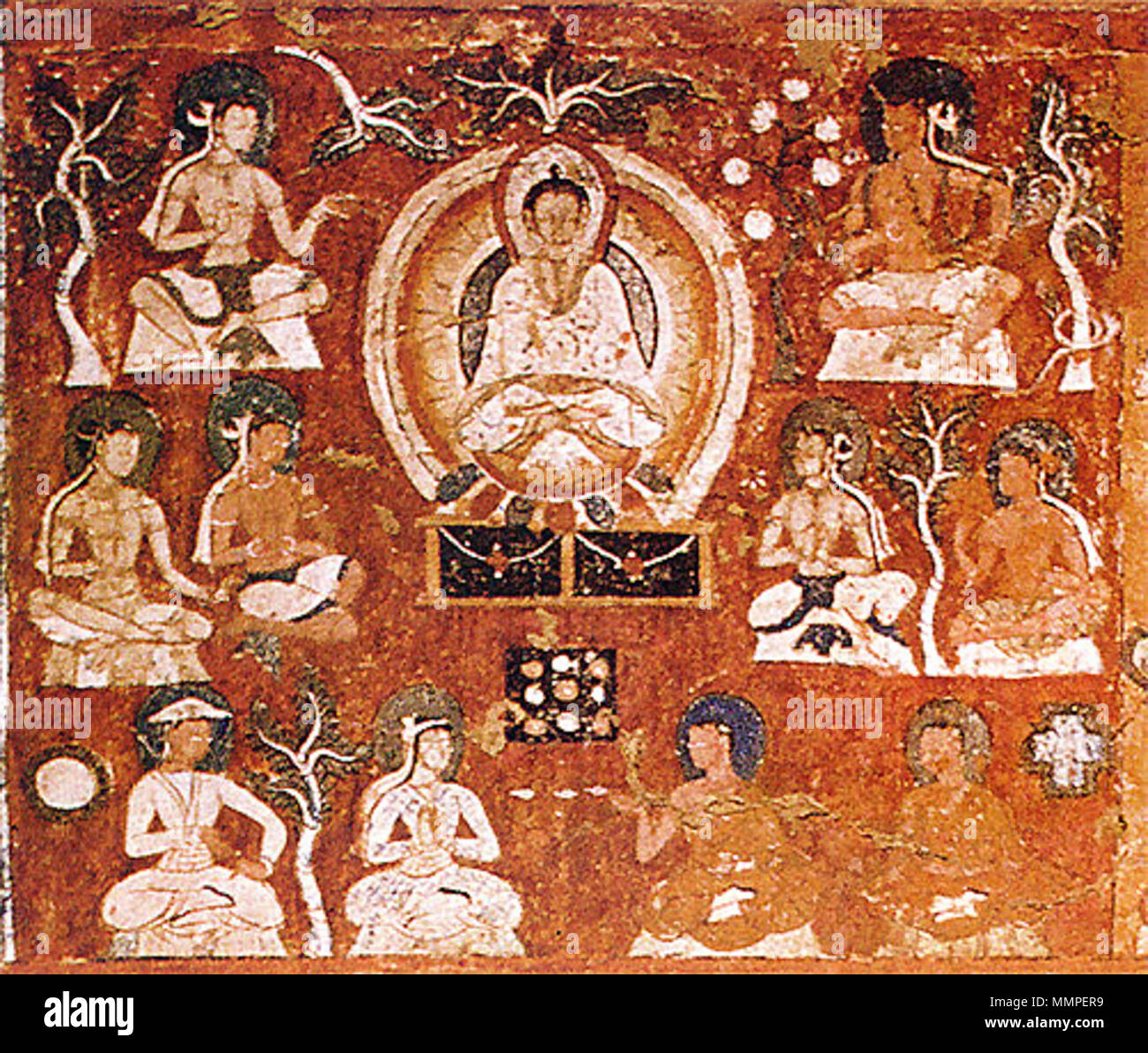 Amitâbha nel suo Paradiso Occidentale con gli indiani, Tibetians e centro asiatici, simboli - Sun e croce Foto Stock