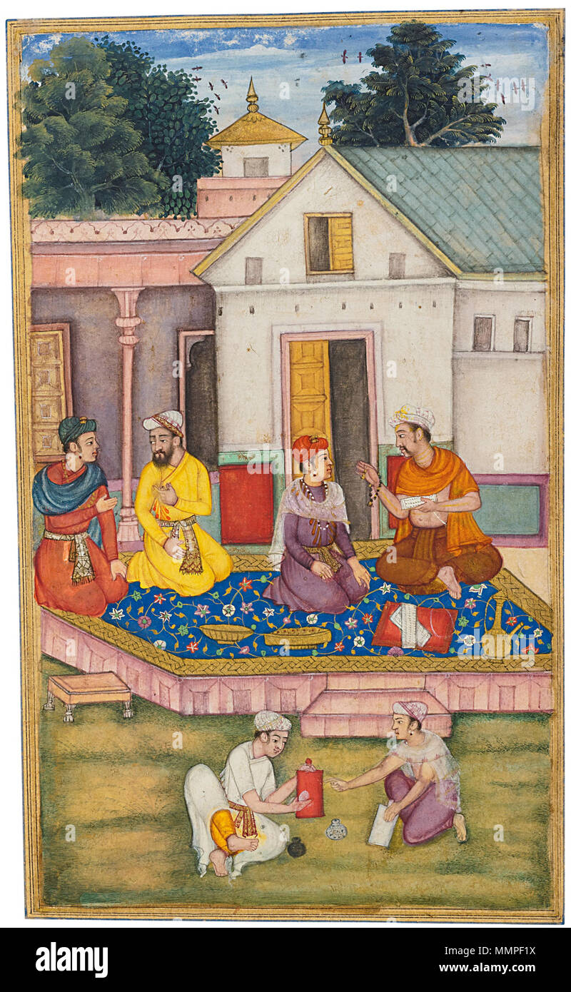 . Inglese: una illustrazione da un Razm-nama manoscritto o Brahman con suo figlio medhavin, attribuita a Kanha, Mughal, circa 1598-99 Gouache intensificato con oro su carta, Buff-bordo colorato con nasta'liq iscrizione identificando l'artista Kanha nel margine inferiore, la retromarcia con un grande pannello di testo in nasta"script liq detto che ' un brahman e suo figlio medhavin discorso sulla via della salvezza . ' ( Shanti parwa episodio ) pittura: 18.7 da 11cm Foglia: 30.2 da 17.4cm. . Tra il 1598 e il 1599. Kanha una illustrazione da un Razm-nama manoscritto Foto Stock