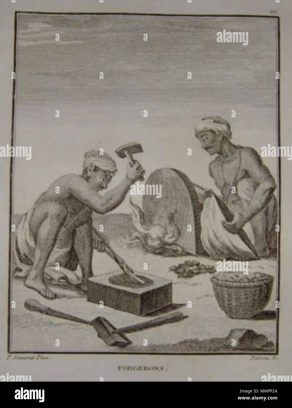 . Inglese: un legno-sawyer e un legno-lavoratore, da "Voyage aux Index orientales" da Pierre Sonnerat, Parigi, 1782; anche *un ironworker* Fonte: ebay, Apr. 2009 . 1782. Pierre Sonnerat un lavoratore di ferro Foto Stock