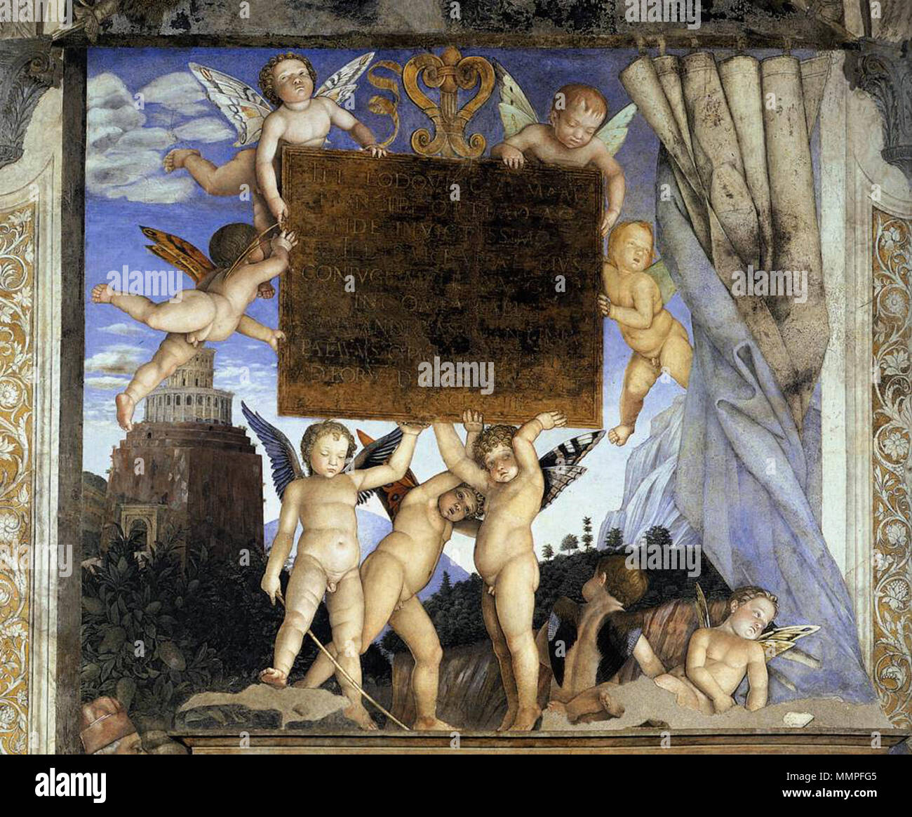 . Raumblick mit Fresken überhalb der Türöffnung und Erkerfenster sowie Kamin Ansicht der fotocamera Picta (ausgemaltes Zimmer). tra il 1465 e il 1474. Andrea Mantegna - Iscrizione con putti - WGA14016 Foto Stock