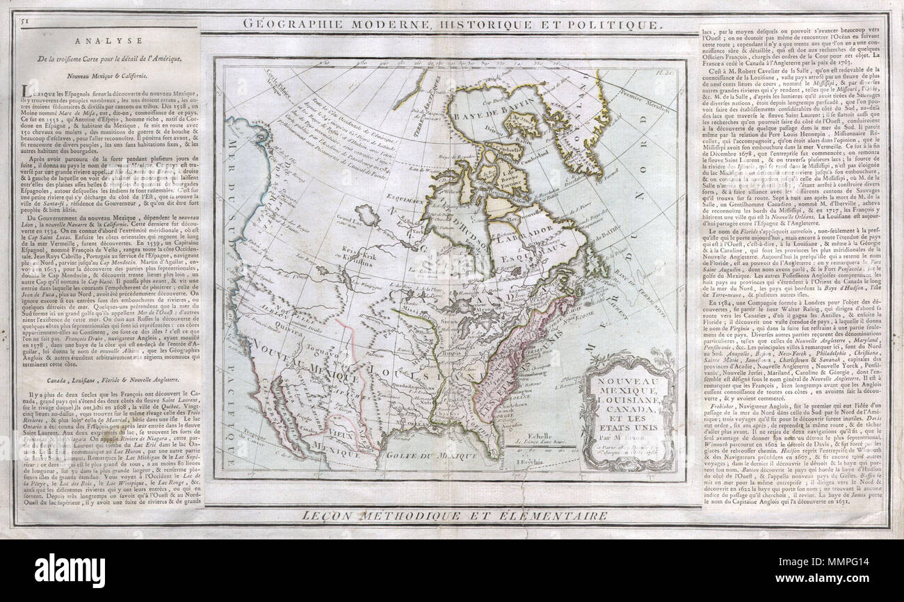 . Inglese: un raro e molto inusuale tardo XVIII secolo mappa del Nord America. Raffigura il Nord America secondo la concezione francese con un passaggio a nord ovest che si estende ad ovest dalla Baia di Hudson verso il lago Winipigue poi lungo la mitica "R. de L'Ouest" al "Entrée de Martin d'Aguilar" (probabile l'entrata al Columbia River). Il corpo principale della mappa è divisa in tre sezioni, Nouveau Mexique, che si estende ad ovest del Rio Grande, Louisiana tra il Rio Grande e una neonata negli Stati Uniti, e lungo la costa orientale, negli Stati Uniti. Nouveau Mexique include il mitico regni Foto Stock