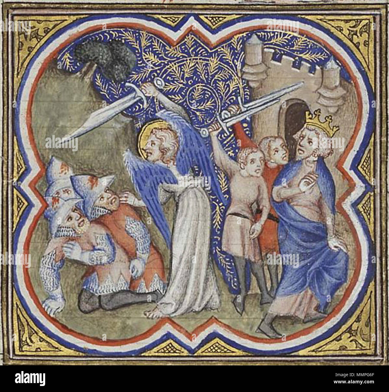 . Inglese: Angelo smites assiri . 1372. Sconosciuto; Illustrator di Petrus Comestor 'Bibbia Historiale", Francia, 1372 Angelo del Signore la decima Armata assira Foto Stock