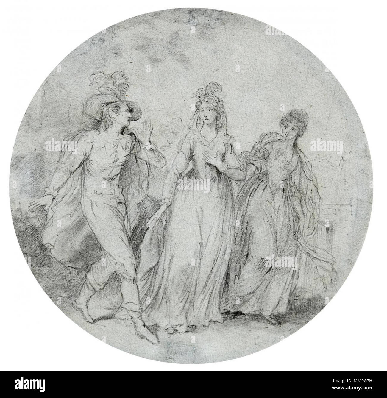 . Die Nachricht. Ein höfisch gekleideter Herr überbringt zwei Damen eine Nachricht. Kohle auf Papier (Ingres) mit Wasserzeichen. 27,7 x 28,4.cm. Im ovale. . Secoli XVIII e XIX secolo. Angelica Kauffman (1741-1807) nomi alternativi, Angelika Kauffmann, Maria Anna Katharina Emmerick Angelika Kauffmann, Angelika Kauffmann Katharina Descrizione Swiss-British pittore Data di nascita e morte 30 Ottobre 1741 5 Novembre 1807 Luogo di nascita e morte Chur Roma sede di lavoro Londra, Roma, Schwarzenberg competente controllo : Q123098 VIAF:?ISNI 95148968:?0000 0001 2321 3306 ULAN:?500115055 LCCN:?n50044673 NLA:?3583 Foto Stock