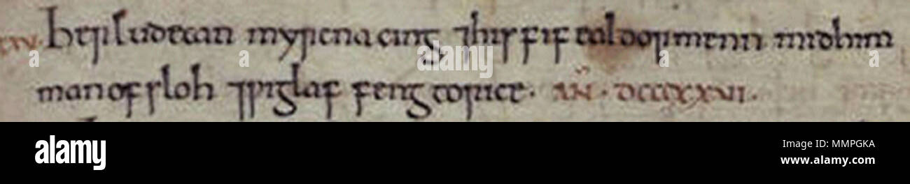 . Inglese: Estratto della cronaca anglosassone voci per gli anni da 824 a 833. Abingdon, metà del XI secolo. La British Library MS di cotone Tiberio B.I, f.128. Il frammento caricato è la voce di 825. Cronaca anglosassone 825 MS C Foto Stock