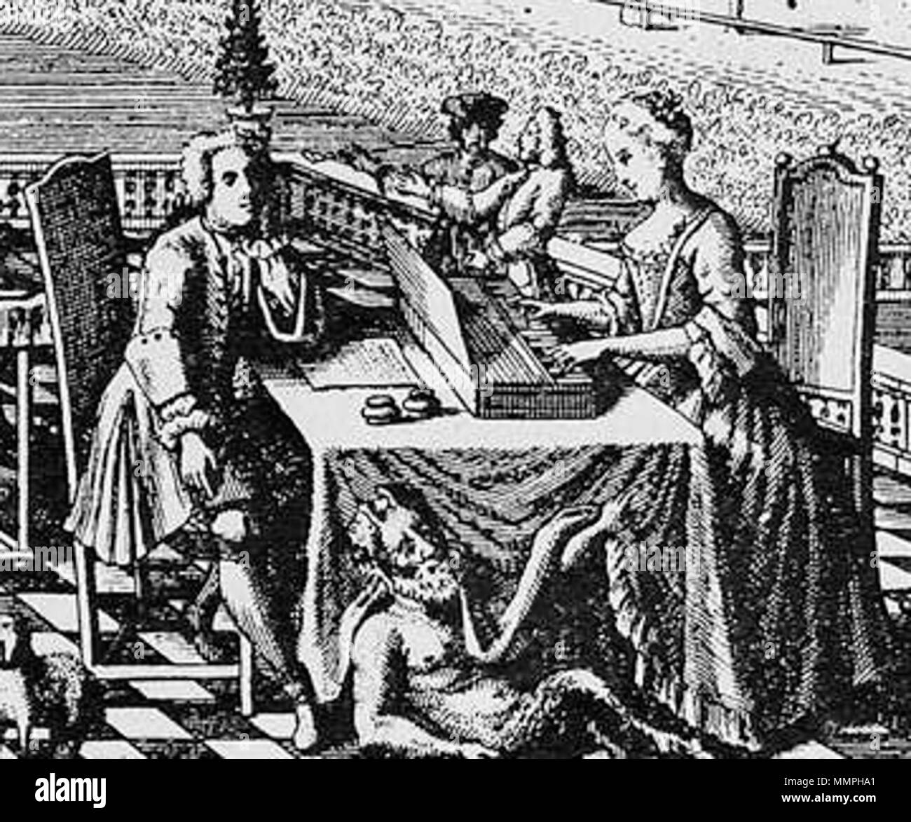 . Inglese: Close-up di pagina di titolo per il primo volume di Singende Müse an der Pleisse, una raccolta di canzoni strophic pubblicato a Lipsia nel 1736, da 'Sperontes', Johann Sigismund Scholze. Storico dell arte e Bach ritratto esperto Noel Teri Towe ritiene che vi è la possibilità che le due persone mostrato può essere Bach e sua moglie Anna Magdalena: archivio link . 1736. Christian Friedrich Boetius (1706-1782) nomi alternativi Christian Friedrich Boëtius, Christian Friedrich Böthius, Christian Friedrich Boece Descrizione incisore tedesco Data di nascita e morte 1 aprile 1706 13 dicembre 1782 posizione Foto Stock