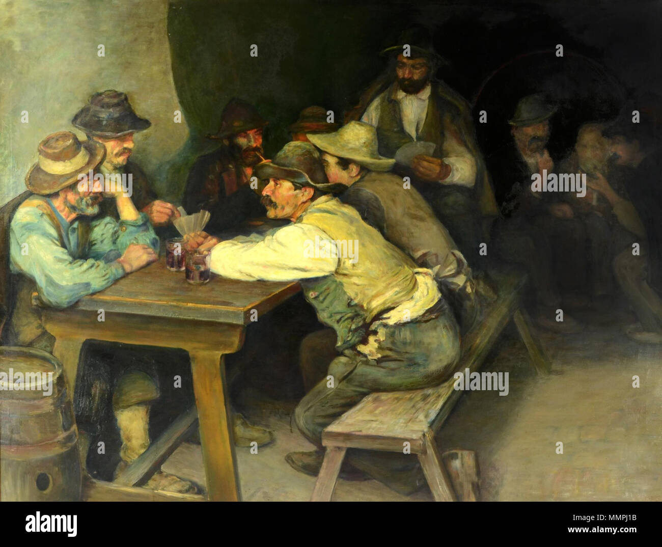 . Scena di genere da pub. Un gruppo di uomini sono le carte da gioco, sul loro lato destro sono altri tre uomini fumatori davanti a una grande botte di vino. Gamblers. circa 1900. Anonimo - Gamblers (c. 1900) Foto Stock