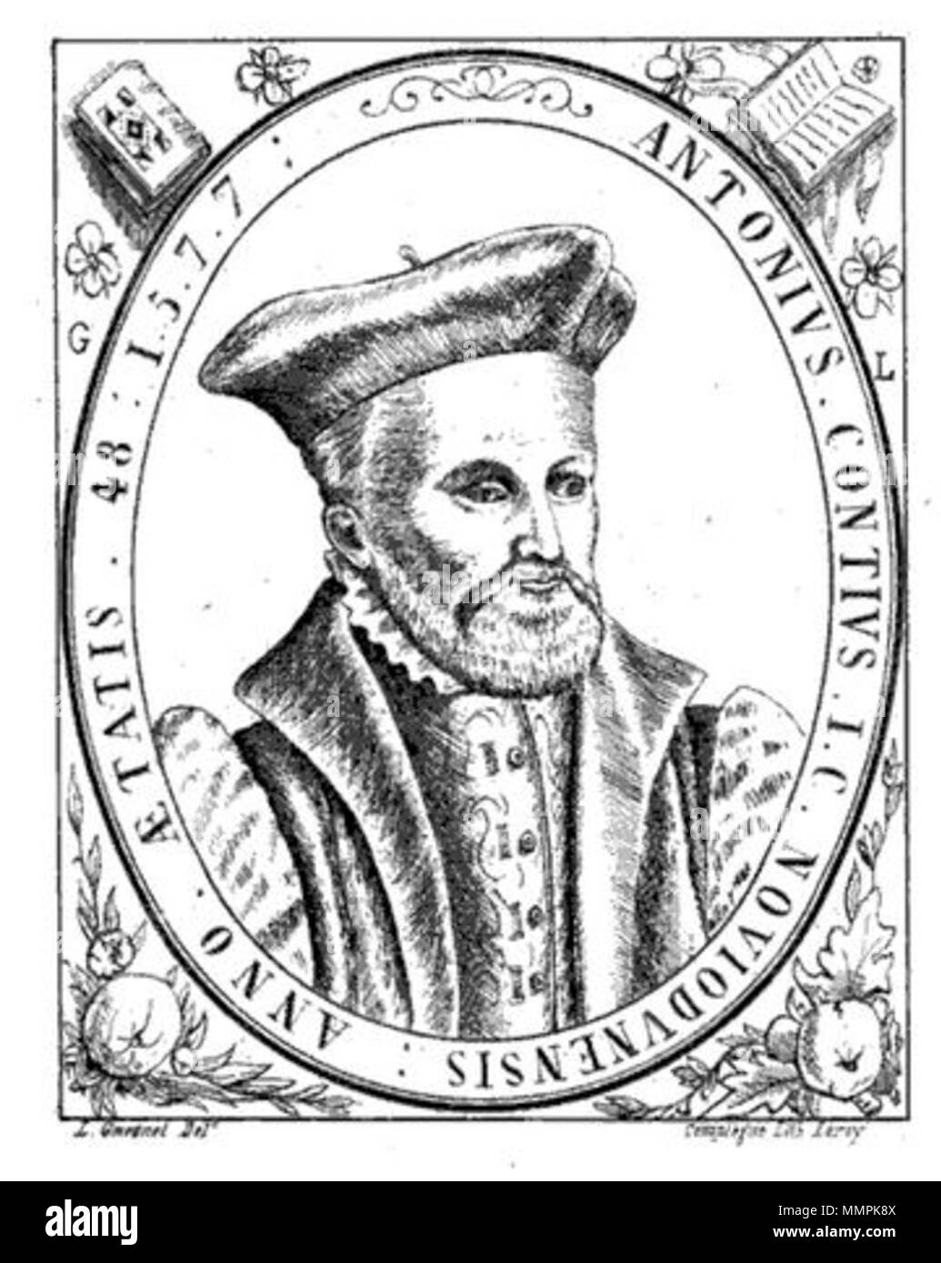 . Français : Ritratto d'Antoine Le Conte (1526-1586). . 1 gennaio 1861. " Fac-similé du Portrait sur bois qui se trouve en tête de : De mari Tractatus ", tel que publié dans avviso sur Antoine Le Conte, jurisconsulte Noyennais (1861) par Arthur de Marsy (1843-1900). Dans le fichier PDF produit par Google Livres, il est indiqué que le livre se trouve dans le domaine pubblico. Antoine Le Conte Foto Stock