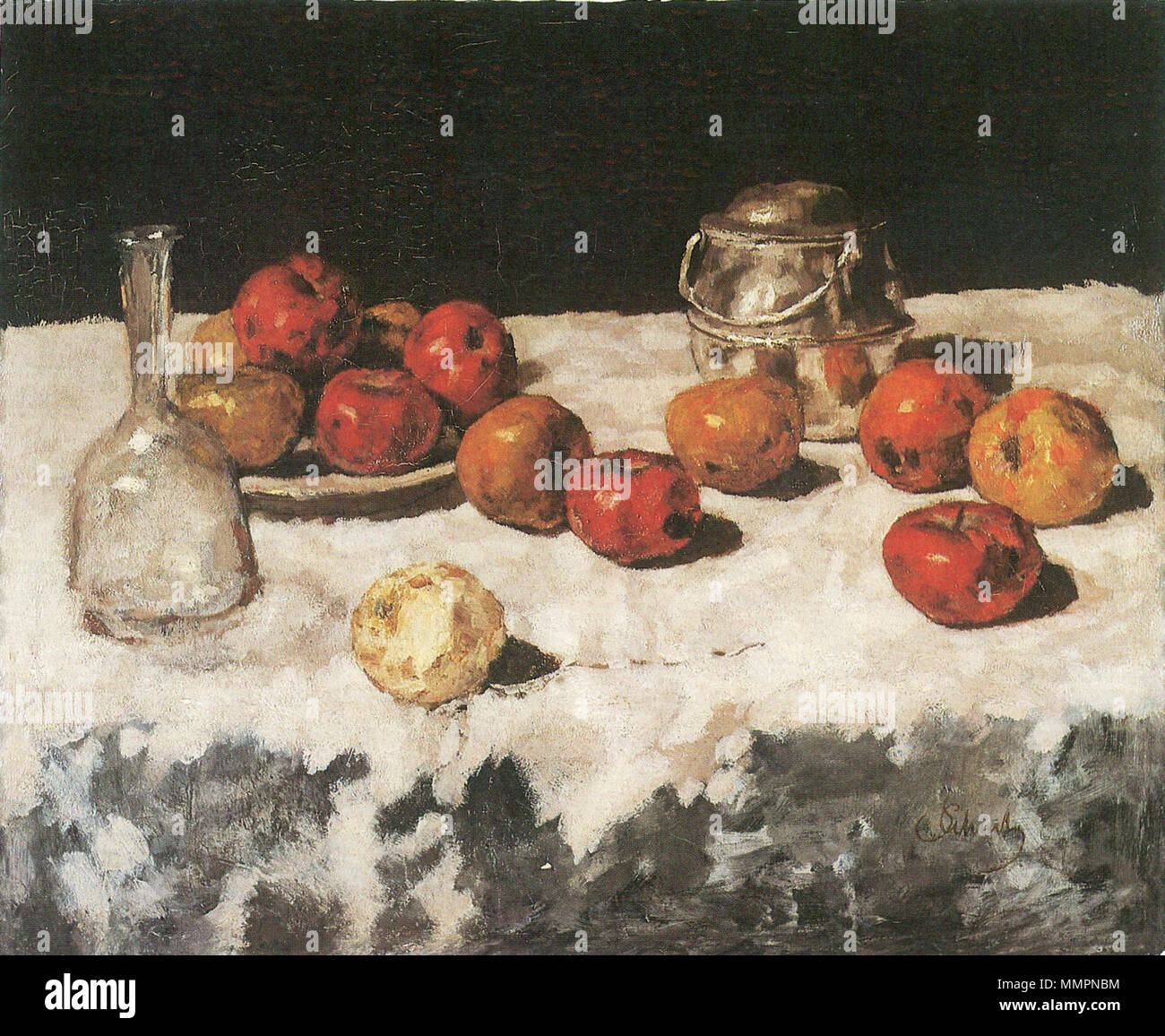 Carl Schuch - Äpfel auf Weiß; mit Wasserkaraffe und Blechdose Foto Stock