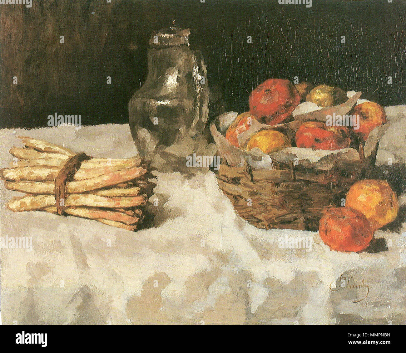 Carl Schuch - Äpfel auf Weiß; mit Körbchen, Zinnkrug und Spargelbund Foto Stock