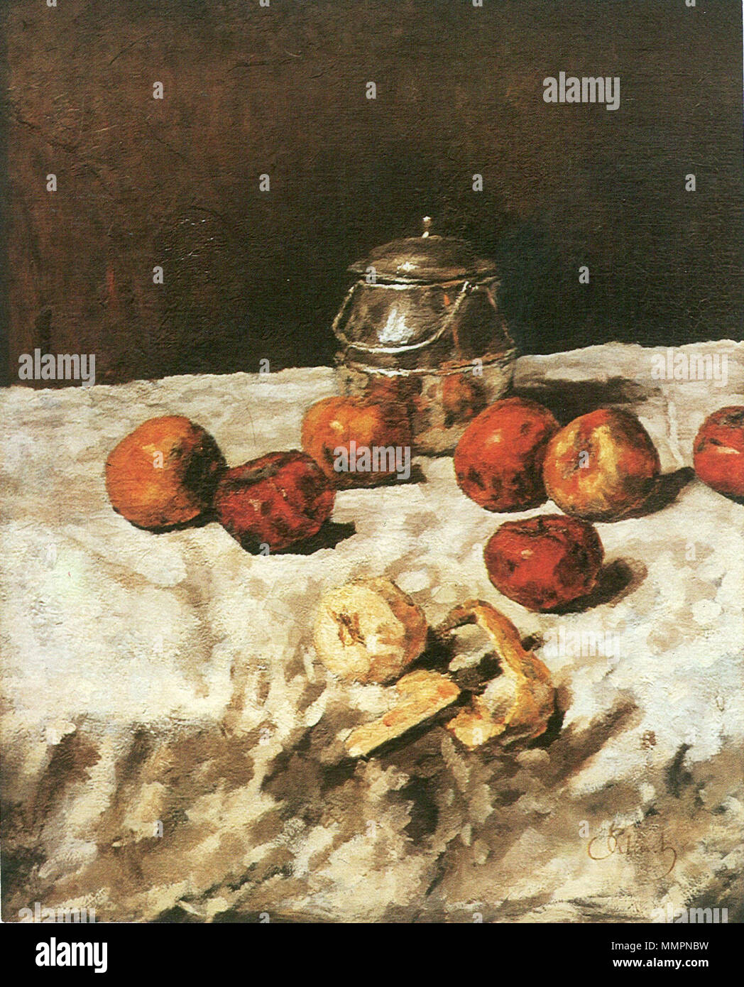 Carl Schuch - Äpfel auf Weiß; Blechdose mit, Messer und geschältem Apfel Foto Stock