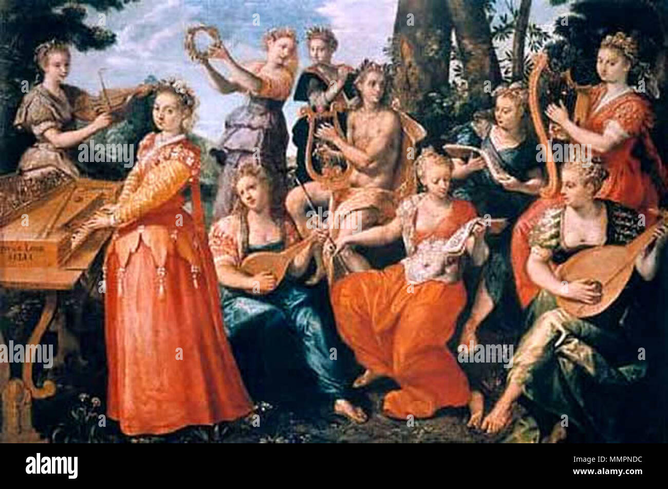 Inglese: Apollo e le Muse . 1570. Apollo e le Muse da Marten de Vos (1570) Foto Stock