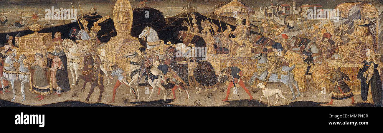 Nederlands: Het optrekken van Dario voor de scoria bij Isso. Titolo alternativo: Inglese: pannello anteriore di un cassone (vedere la fonte inferiore). 1450-1455. Apollonio di Giovanni di Tomaso 001 Foto Stock