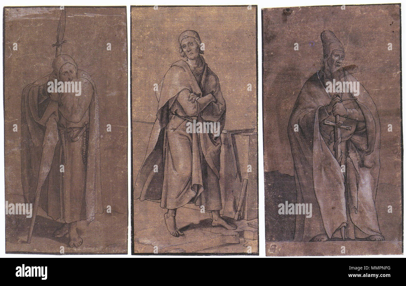. Inglese: tre disegni in chiaroscuro degli apostoli. Penna e inchiostro e spazzola di lavaggio grigio, bianco inasprimento, sul preparato marrone carta. L'apostolo Matteo, Museo Boijmans Van Beuningen di Rotterdam. L Apostolo Tommaso, Metropolitan Museum of Art di New York. L apostolo Paolo, collezione privata. Questi tre fogli sono da un gruppo noto come "gli apostoli del 1527'. Nove disegni in chiaroscuro sono sopravvissuti, sei datata 1527. In quell'anno, Holbein era a Londra, ma i disegni sono stati probabilmente fatto a Basilea dal suo design. Nella vista di storico dell arte Christian Müller, "l'artista degli apostoli, che nel XVI secolo Foto Stock