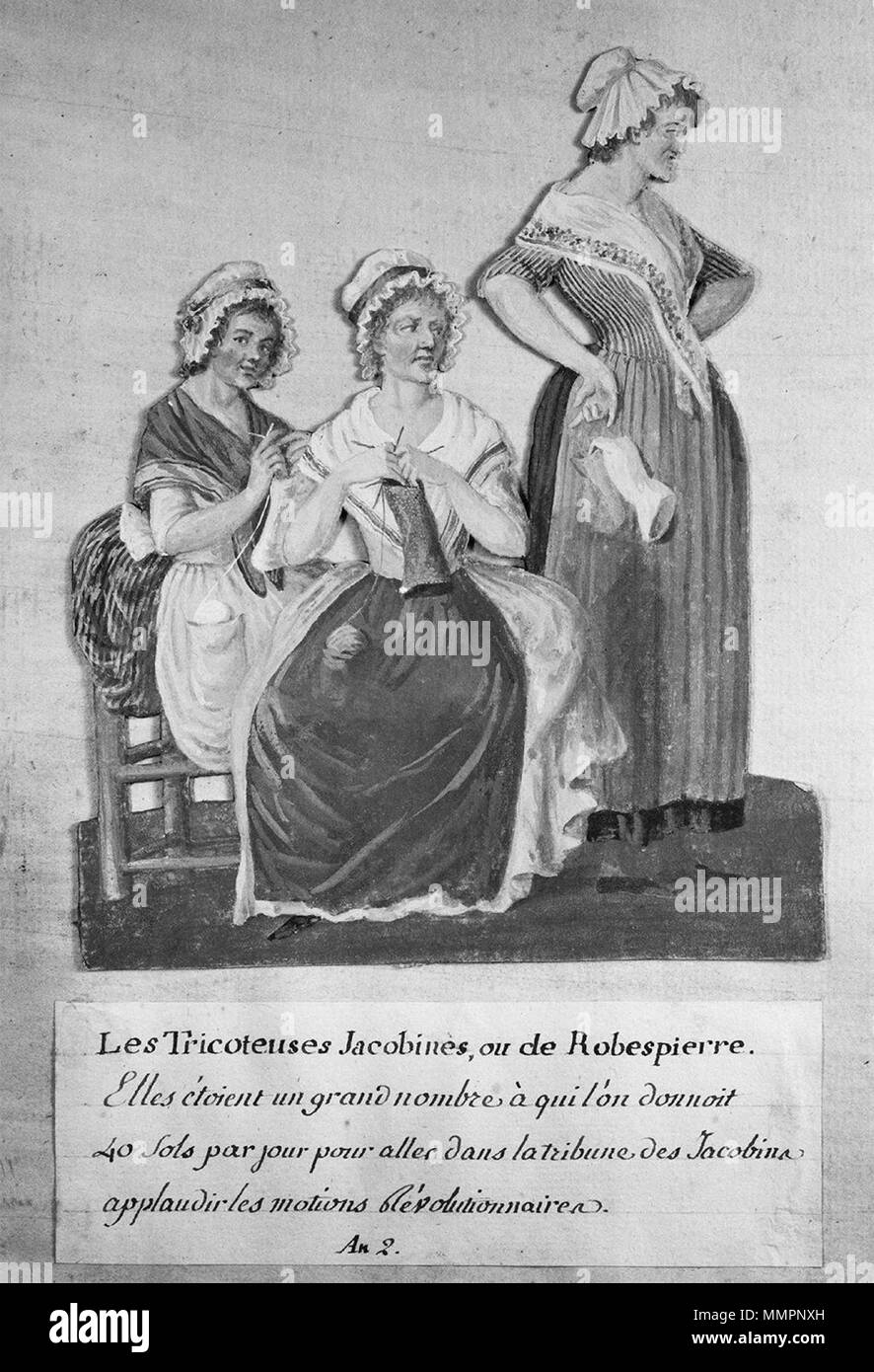 . Deutsch: Pierre-Etienne Lesueur: Les Tricoteuses Jacobines, um 1793. Gouache. Museo Carnavalet, Parigi. (Die wahrscheinlich nachträglich zugefügte) Legende lautet: Les Tricoteues Jacobines, ou de Robespierre. Elles étoient onu grand nombre à qui l'su donnoit 40 sol par jour pour aller dans la tribune des giacobini applaudir les révolutionnaires moti. Un 2. ("Die Strickweiber der Jakobiner oder Robespierres. Sie waren zahlreich, und man gab ihnen 40 Sous am Tag, damit sie auf die jakobinische Zuschauertribüne [im Parlament] gingen und den revolutionären Vorstössen zujubelten. Im zweiten Jah Foto Stock