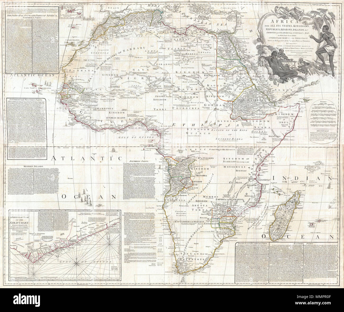 . Inglese: questa è probabilmente la più importante Mappa di Africa, prodotta nel XVIII secolo. In gran parte basate sulla precedente D'Anville mappa, questa mappa è stata ampliata e ampliato da Samuel Boulton. Raffigura il continente in piena con inset della Costa d'oro (o la Costa d Avorio, o Guinea). Questa mappa è unica per il fatto che si tratta di un serio tentativo di compilare tutti la precisa conoscenza scientifica del continente africano disponibile al momento. A differenza di molti altri Africa maps del periodo vi quasi nessun tentativo di colmare il "sconosciuto" regioni dell'interno con bestie fittizio, regni, e geo Foto Stock