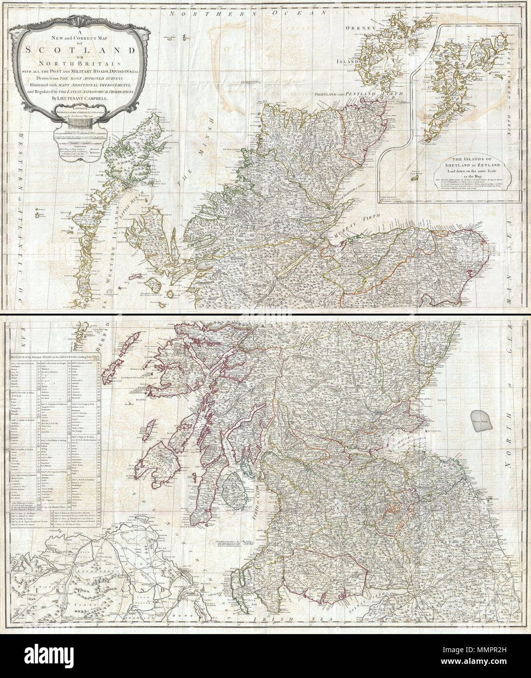 . Inglese: Un assolutamente splendida e monumentale parete 1794 Mappa della Scozia dal tenente Campbell. Copre la Scozia in pieno con dettagli straordinari in tutto. Note ogni città, frazione, vescovado, paese, foresta, castello nuotato e strada. Offre anche alcuni dettagli offshore con riguardo a vari traghetti postali, il Marrs Banca, rocce e altri pericoli sottomarino, e il merluzzo bianco delle zone di pesca. Identifica un certo numero di importanti locales compresi Loch Ness, fonte di Spey, Ben Wyvis mountain, roccia di Islay, Ben Nivis Mountain e le rovine di Beregonium antica capitale della Scozia. Un grande i Foto Stock