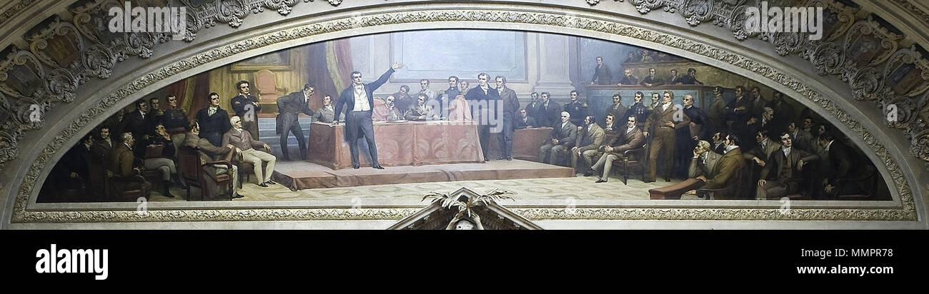 . Inglese: Manuel Fernandes Tomás dà un discorso durante la Corti Costituenti del 1821, in un 1921 dipinto di Veloso Salgado. Assemblaggio della Repubblica portoghese a Lisbona. Português: Manuel Fernandes Tomás discursa duranti come Constituintes Cortes de 1821, numa pintura de 1921 por Veloso Salgado. Assembleia da República Portuguesa, Lisboa. Come Constituintes Cortes de 1821 (1921) - Veloso Salgado Foto Stock