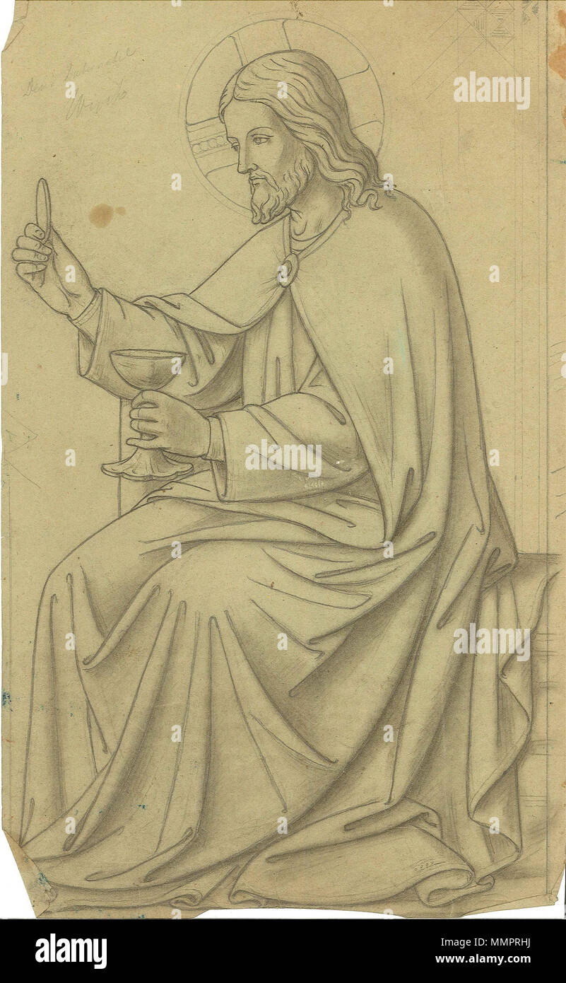 . Zittende Christus, naar links, incontrato aureool. In zijn linkerhand een kelk en in zijn rechterhand een hostie. Ontwerp voor een tabernakeldeurtje met een Christusfiguur. Tra il 1850 e il 1900. Ontwerp voor een tabernakeldeurtje met een Christusfiguur Cuypershuis BR 0437 F Foto Stock