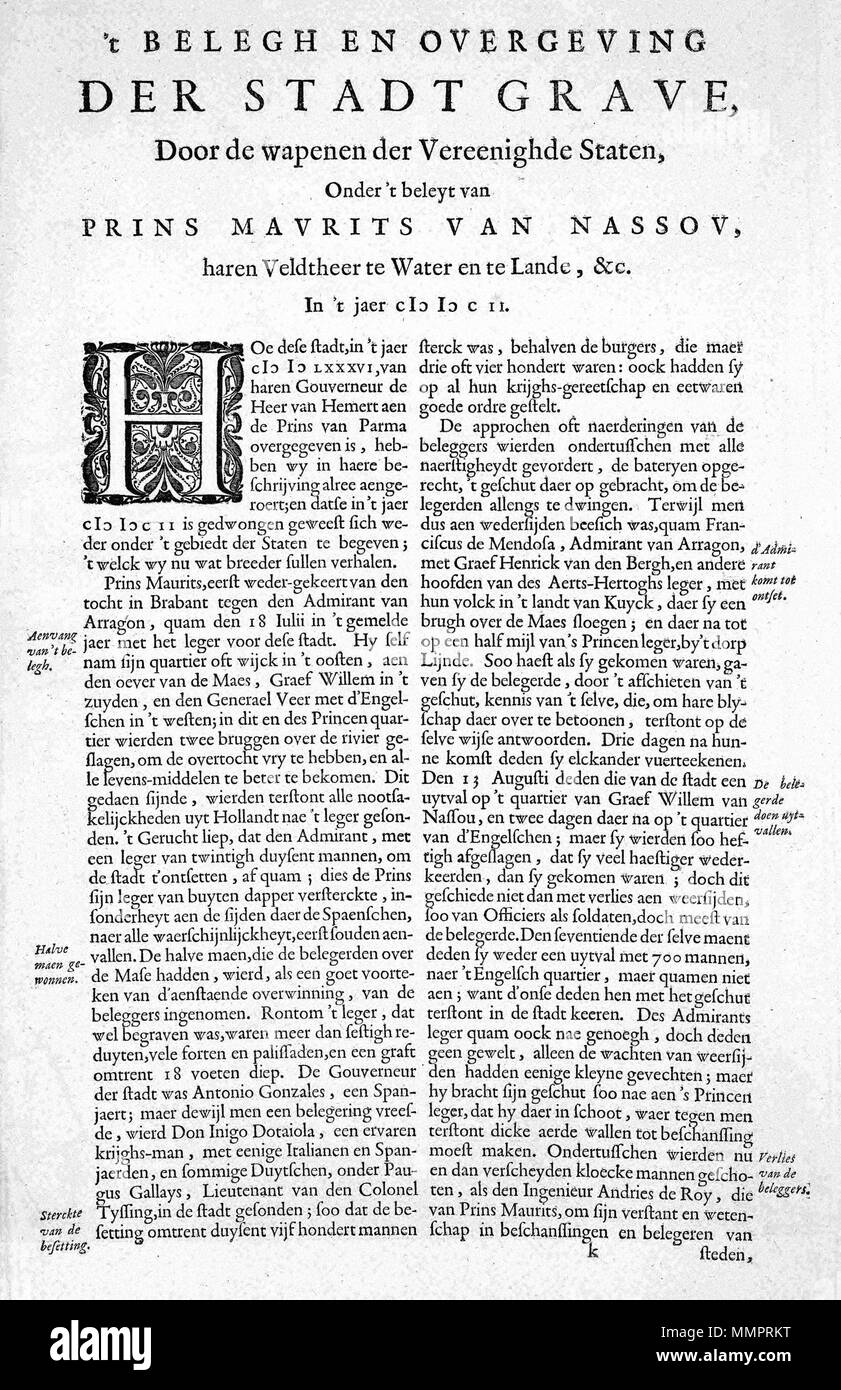 . Nederlands: Deze beschrijving van het beleg van de stad tomba nel 1602 è ontleend aan het Stedenboek Der Verenigde Nederlanden van Joan Blaeu (1596-1673) uit 1649. Inglese: questa descrizione dell'assedio della città di Grave nel 1602 è derivata da Joan Blaeus (1596-1673) Città Prenota dei Paesi Bassi dal 1649. t BELEGH EN OVERGEVING DER STADT GRAVE, Porta de Wapenen der Vereenighde Staten ... int Jaer MDCII.. 1649. Editore: Joan Blaeu (1596-1673) nomi alternativi Johannes Blaeu; Giovanni Wiliamson Blaeu; Johannes Willemszoon Blaeu Descrizione olandese cartografo ed editore Data di Foto Stock
