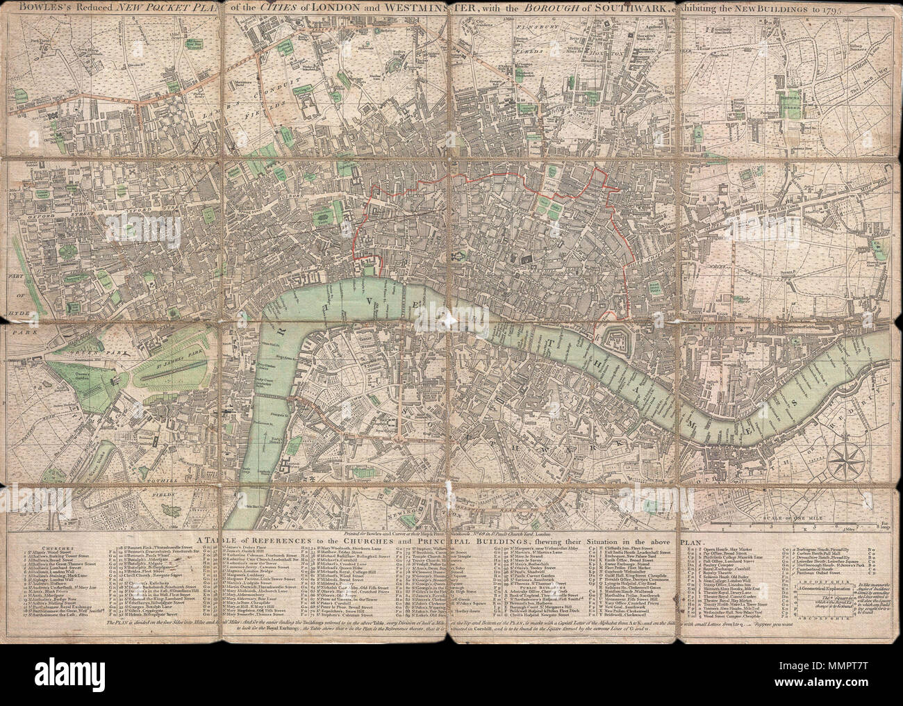 . Inglese: si tratta di una rara 1795 pieghevole tascabile mappa o la pianta delle strade di Londra, Inghilterra da Carrington Bowles. Copre Londra su entrambi i lati del fiume Tamigi da Hyde Park a ovest di White Horse Street in oriente e da Lambeth nel sud a Islington nel nord. Offre eccellenti dettagli in tutto spesso osservando i singoli edifici, giardini e terreni. Tabella lungo il fondo note principio edifici e chiese. Bowles rilasciato per la prima volta questo piano nel 1777 e aggiornato regolarmente alla fine del XVIII secolo. Questa edizione della mappa è stato pubblicato poco dopo Bowles la morte con la sua impresa, prua Foto Stock