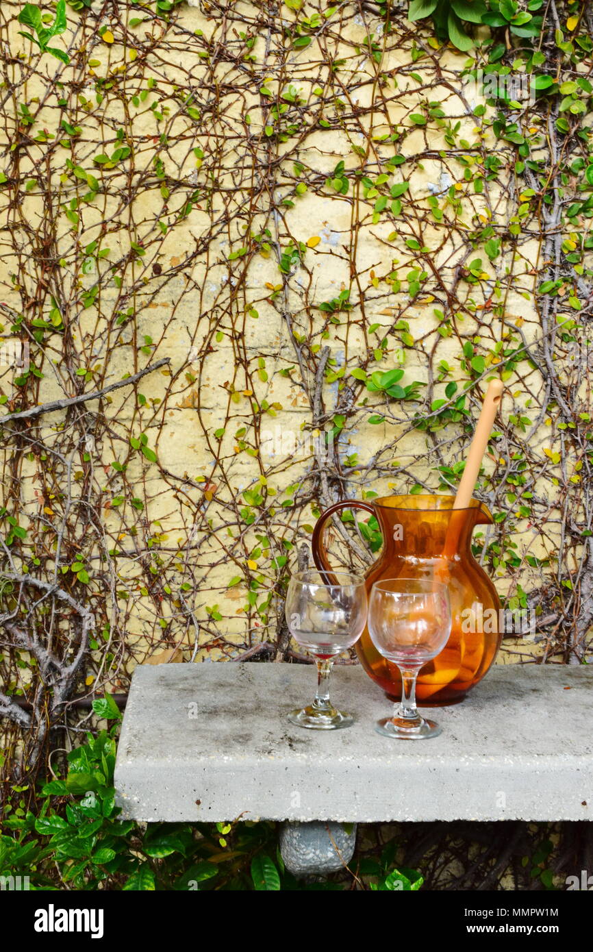 Brocca, bicchieri e il verde delle vigne still life Foto Stock