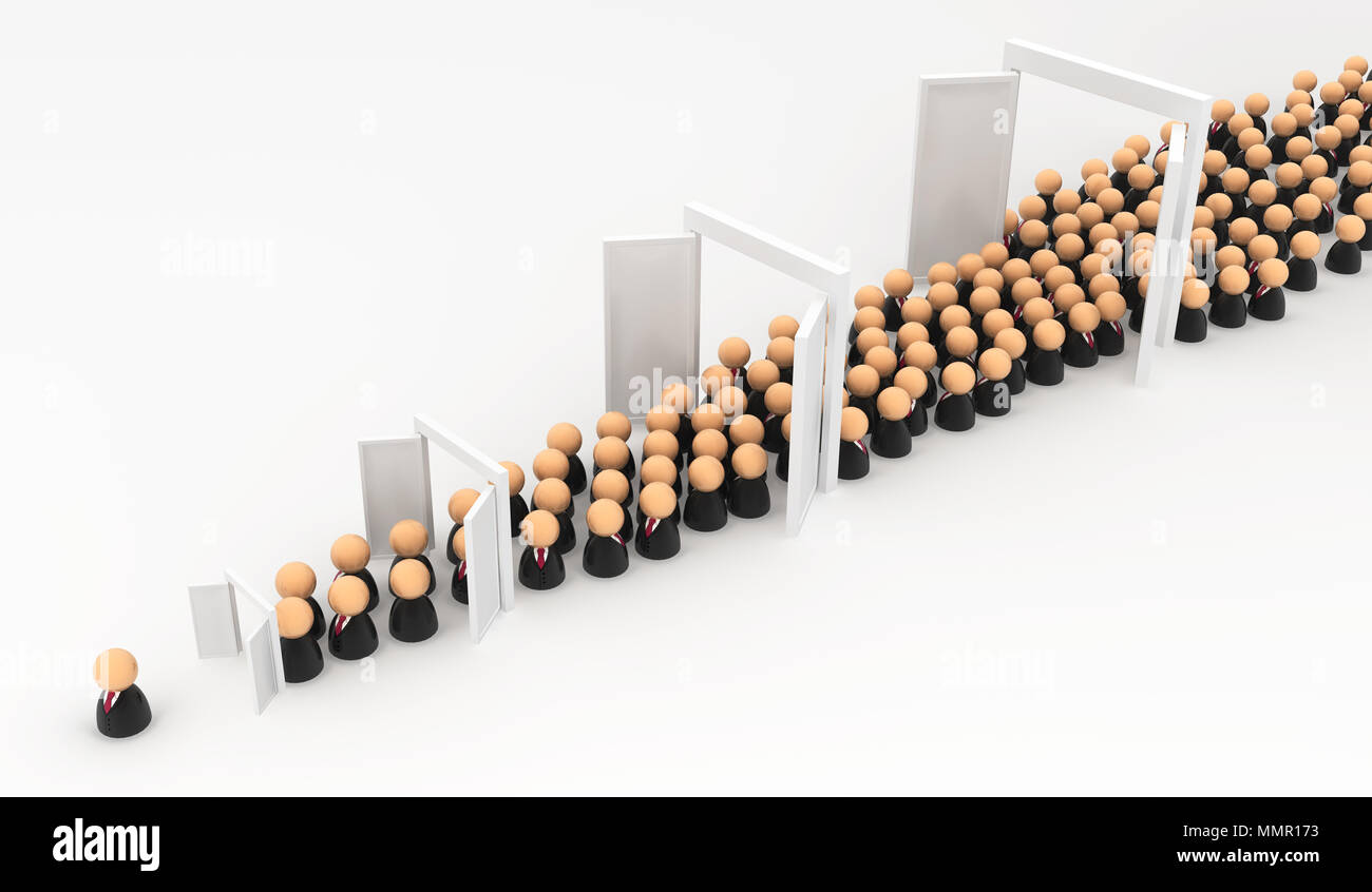 La Folla di piccoli imprenditori simbolico figure, promozione porte, 3d'illustrazione, orizzontale su bianco Foto Stock