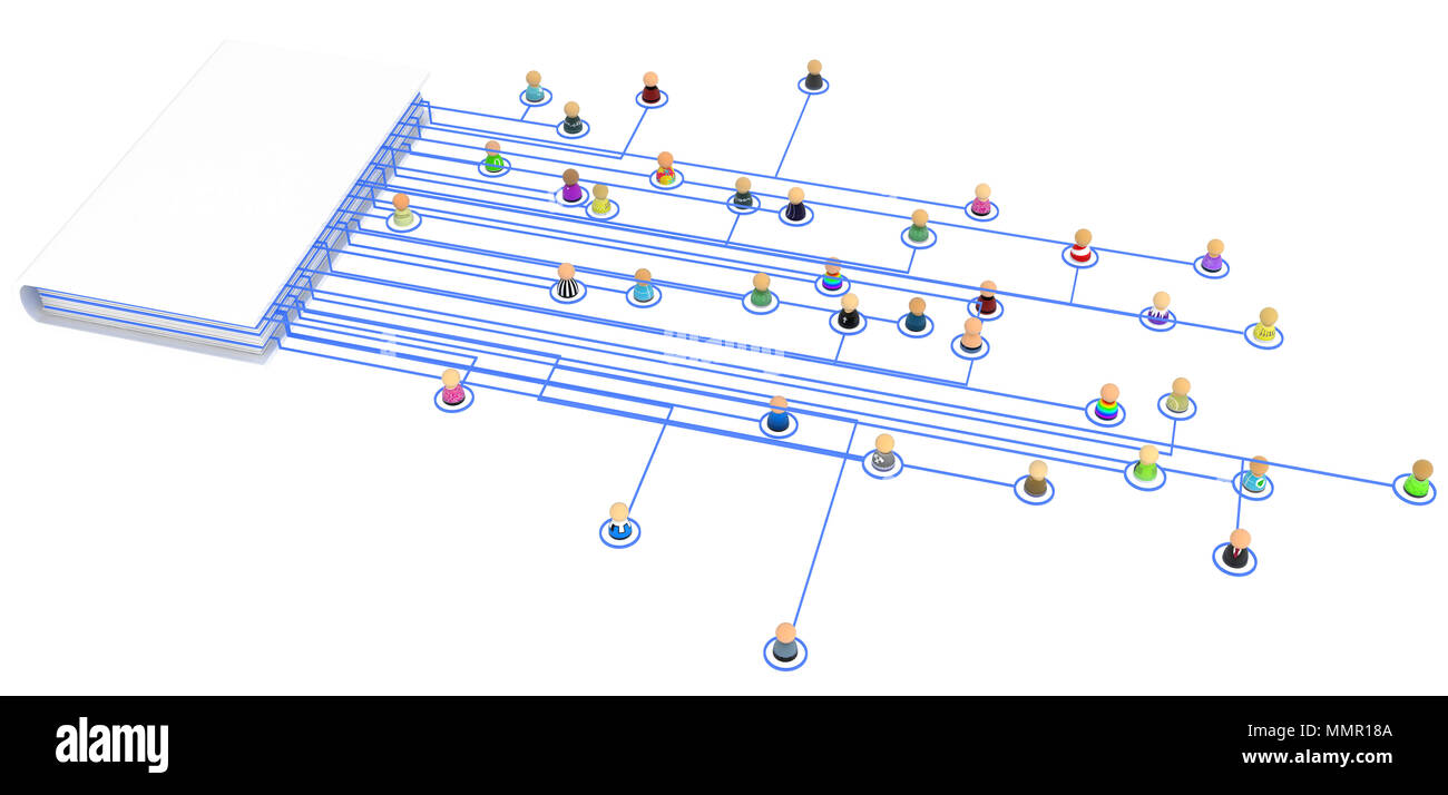 La Folla di simbolico di piccole figure 3d sono collegate da linee, isolato Foto Stock