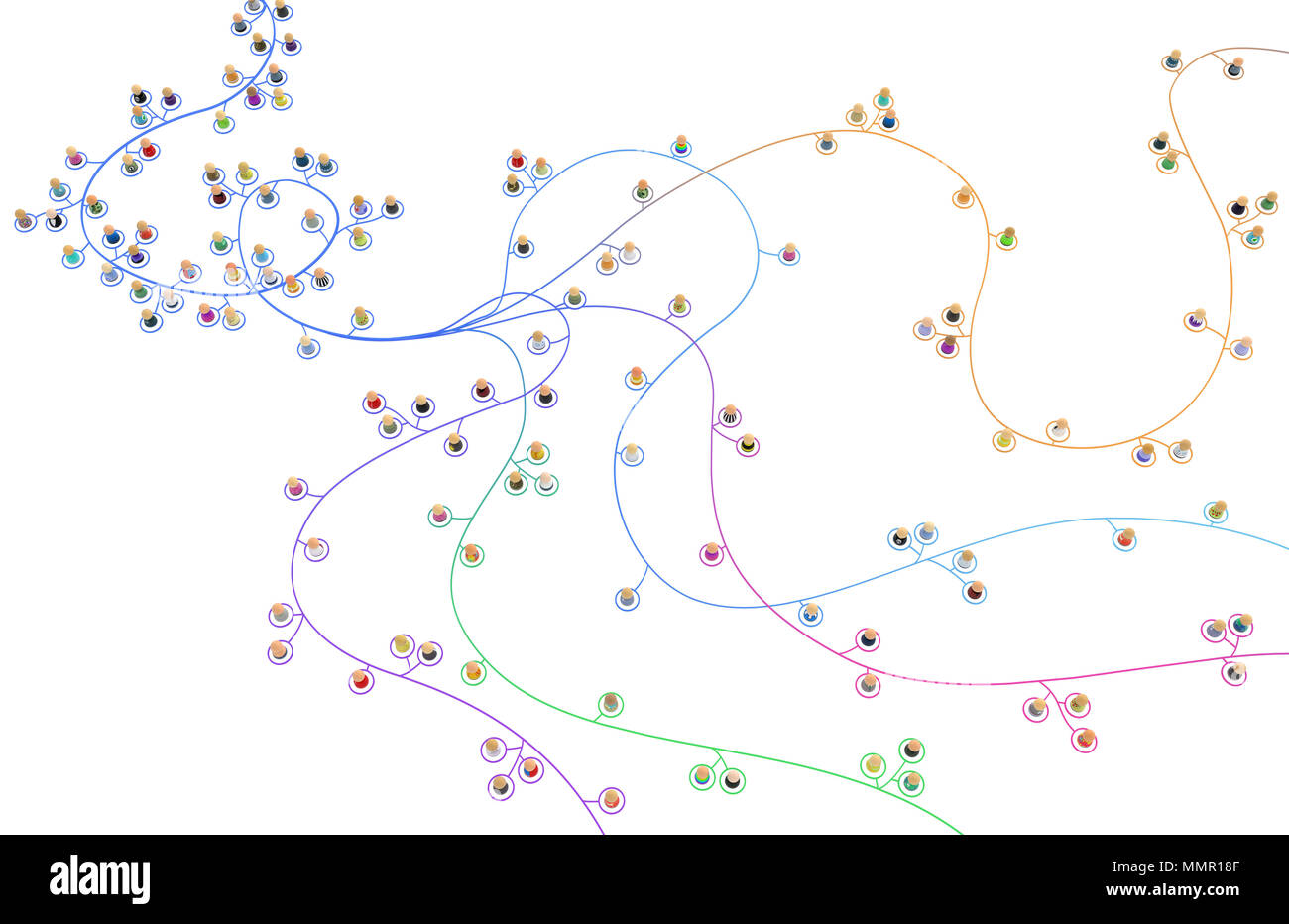 La Folla di piccole figure simboliche legate da linee, isolata su bianco, 3d illustrazione Foto Stock