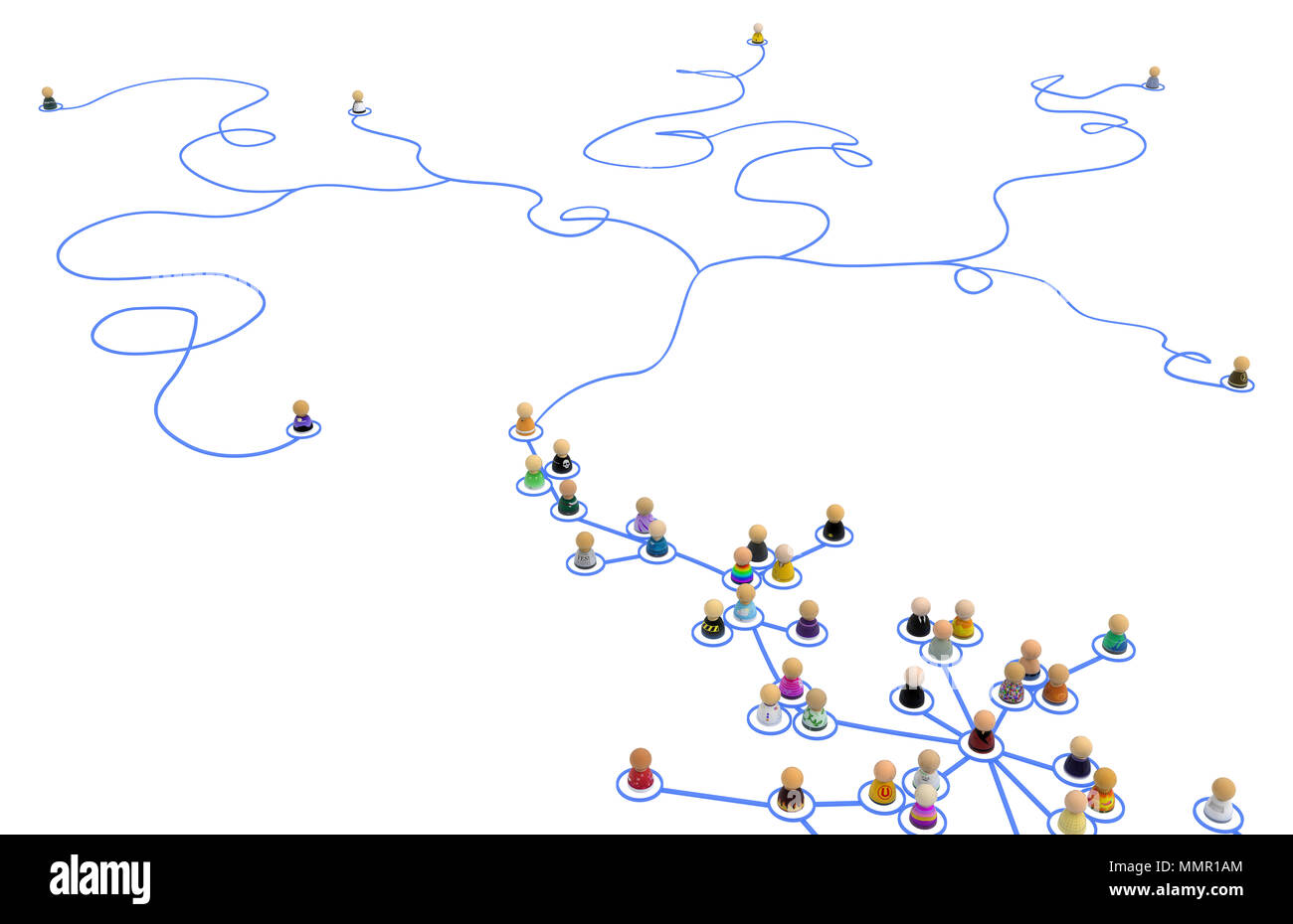 La Folla di simbolico di piccole figure 3d sono collegate da linee, distante loners, su bianco, orizzontale Foto Stock