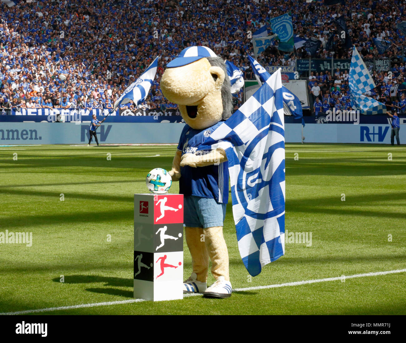 Sport, calcio, Bundesliga, 2017/2018, FC Schalke 04 vs Eintracht Frankfurt 1:0, Veltins Arena Gelsenkirchen, Schalke mascotte Erwin Foto Stock