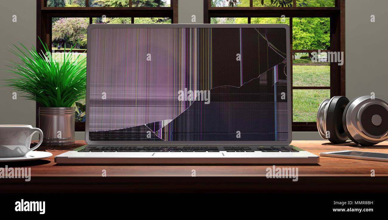 Computer portatile con schermo rotto sulla scrivania in ufficio. 3d illustrazione Foto Stock