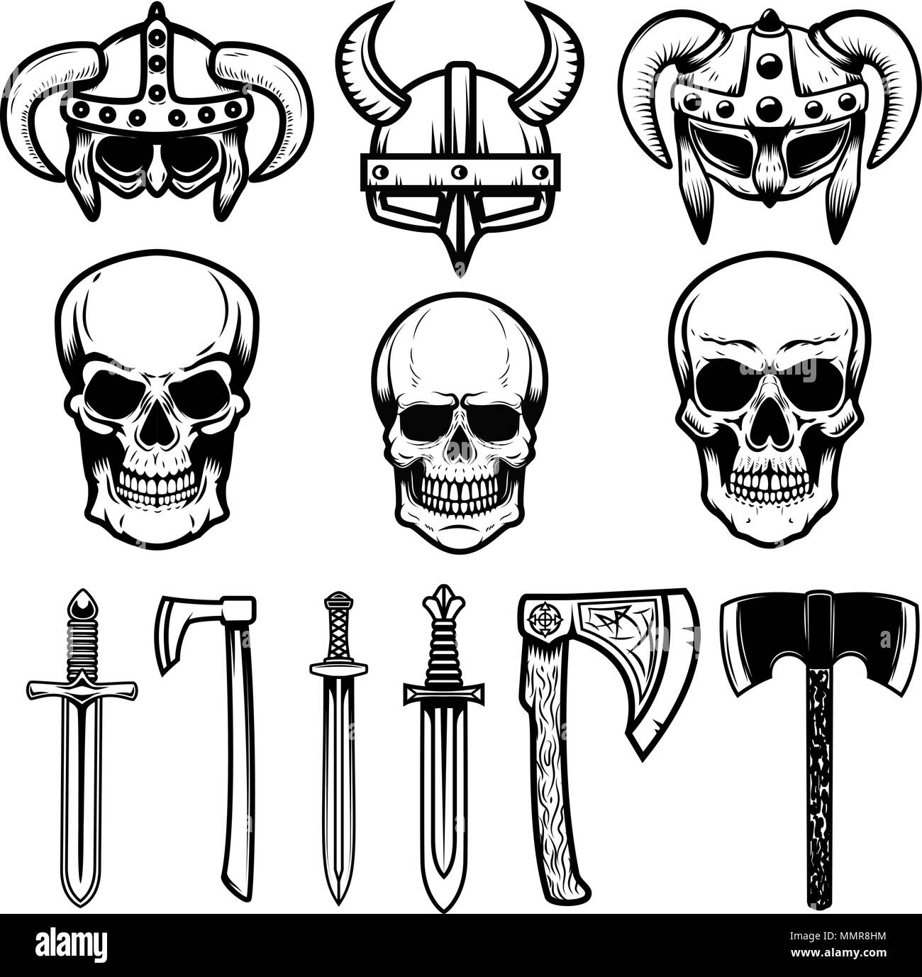 Set di viking caschi, arma, teschi. Gli elementi di design per il logo, l'etichetta, emblema, segno. Illustrazione Vettoriale Illustrazione Vettoriale