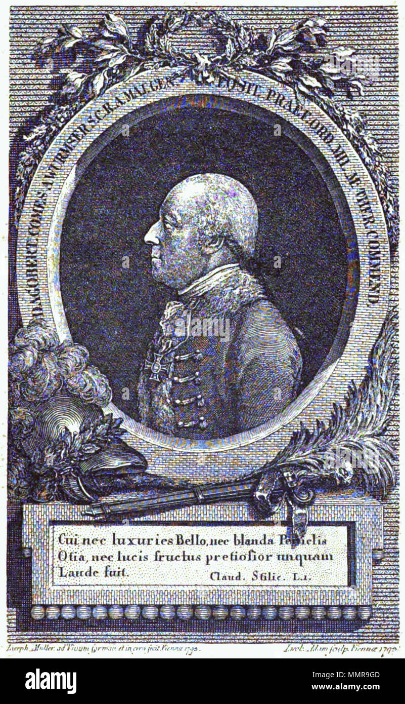 . Latina: Dagobert proviene un Wurmser S[acrae][C] aesaraeae R[egiaeque][aut] maj[estas] Germaniae posit. pref. Ord[inis] Mil. M[ariae] Ther[easiae] raccomandare[uta]. Joseph Müller ad Vivum formae et in cura fecit Vienna 1793. Giacobbe sculp Adam. Viennae 1795. Deutsch: Dagobert Sigmund von Wurmser (1724-1797), österreichischer Feldmarschall Dagobert proviene un Wurmser (1795) Foto Stock