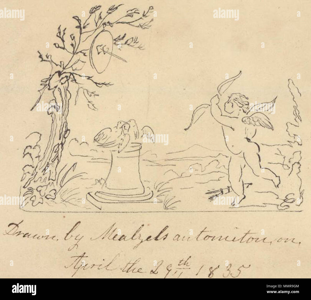 . Inglese: una fotografia di un artwork disegnato su Aprile 29, 1835 a Boston da un automa si ritiene che sarà costruita da Henri Maillardet (1745-1830) e più tardi di proprietà di Johann Nepomuk Maelzel (1772-1838). La fotografia è stata scattata dal Massachusetts Historical Society (data sconosciuta) come parte delle loro collezioni. . 1835. Ha attirato da un automa si ritiene che sarà costruita da Henri Maillardet Automa disegno di Cupido, 29 aprile 1835 Foto Stock