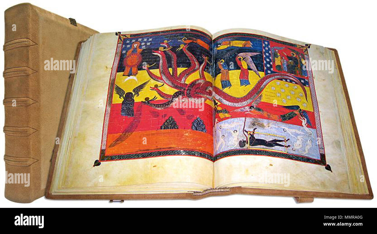 "En:"La donna e il drago. Il diavolo incatenato in Hell (aggiungendo il commento). Apoc. XI. 1047. B Facundus 186-187 Foto Stock