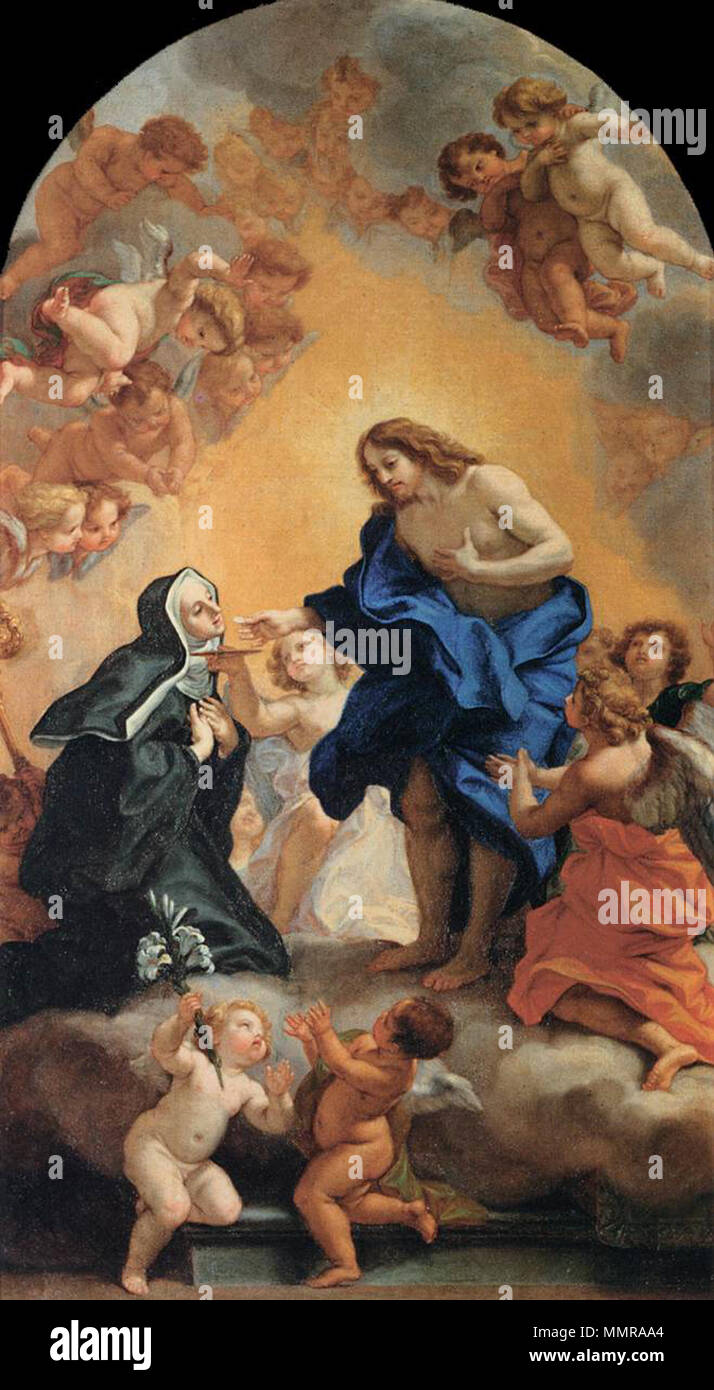 Inglese: un Beato Abbes riceve l'Host dalle mani di Cristo . 1690s. Baciccio - un Beato Abbes riceve l'Host dalle mani di Cristo - WGA01113 Foto Stock