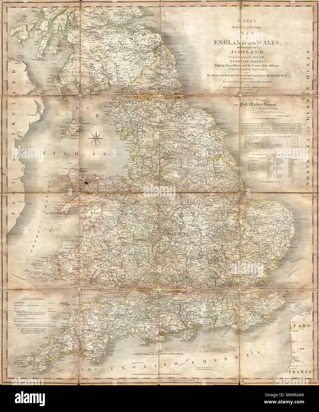 . Inglese: un importante 1796 caso Mappa di Inghilterra e Galles e la parte meridionale della Scozia da John Cary. Questa è infatti una riduzione di Cary's e seminale enorme formato grande mappa di Inghilterra e Galles prodotta a pochi anni prima. La mappa mostra la regione in un impressionante dettaglio con particolare attenzione a questioni di commercio e trasporti - strade, pedaggi, ponti, canali, ecc. Dissezionato in 16 fogli e montato sulla biancheria. Datata alla base, 20 feb 1796. Cary della riduzione del suo grande mappa di Inghilterra e Galles, con parte della Scozia; comprendere tutta la Turnpike strade, con i grandi fiumi un Foto Stock