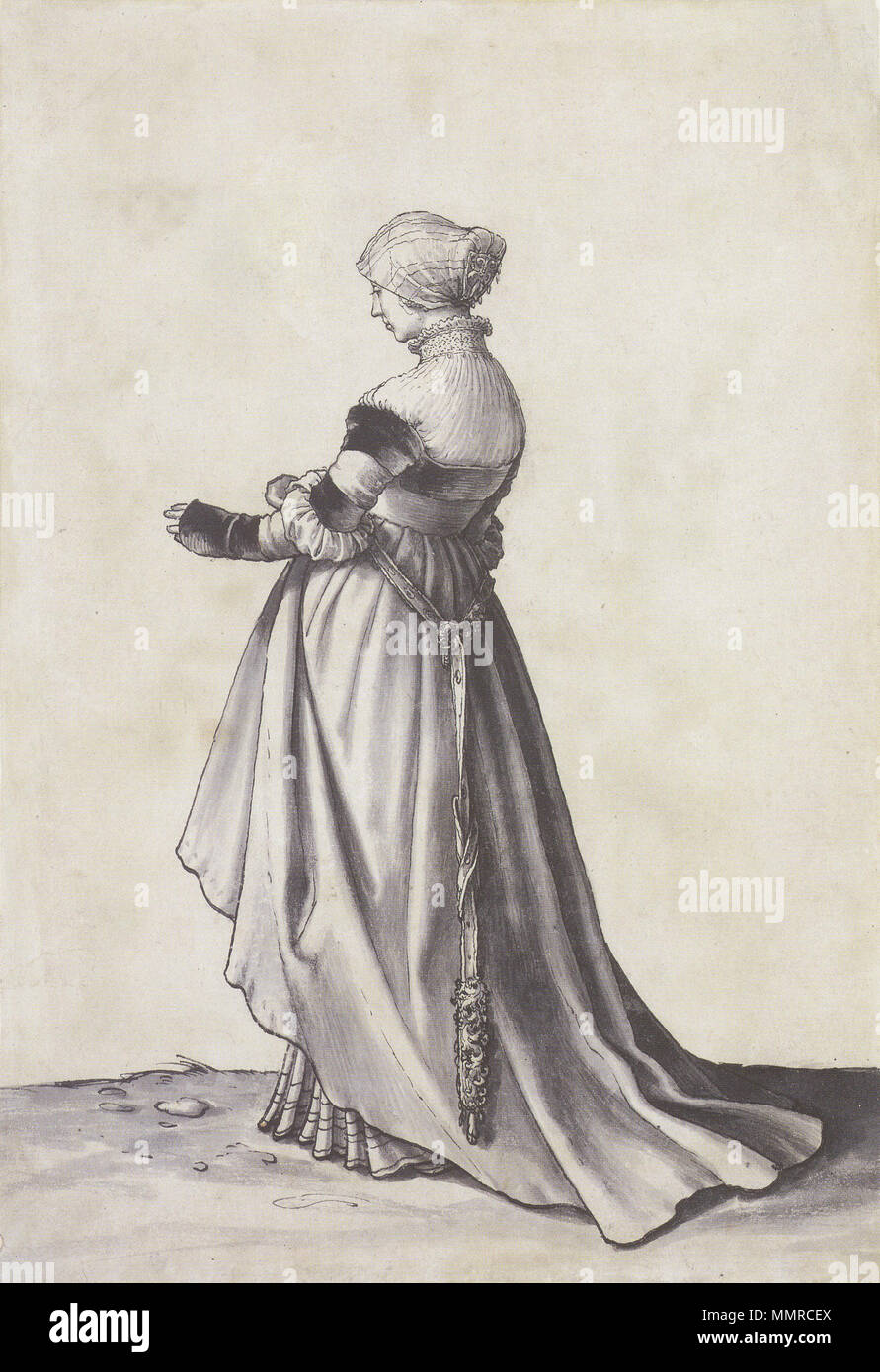 . Inglese: Basilea donna rivolta al Leftt, costume di studio. Penna e inchiostro e spazzola, grey wash, 29 × 19,8 cm, il Kunstmuseum di Basilea. Lo scopo di Holbein penna-e-studi di lavaggio delle donne da questo periodo non è noto, anche se vi è una forte enfasi sui loro vestiti. Il braccio e la mano posture può riferirsi a un oggetto in un progetto di composizione. La zampa animale sporgente dal soggetto il supporto della lama può avere un significato oscuro. (Müller, p. 300). Kunstmuseum Basel nome nativo Kunstmuseum Basel Basilea Ubicazione coordinate 47° 33' 15" N, 7° 35' 39" E STABILITO 1931 pagina Web www.kun Foto Stock