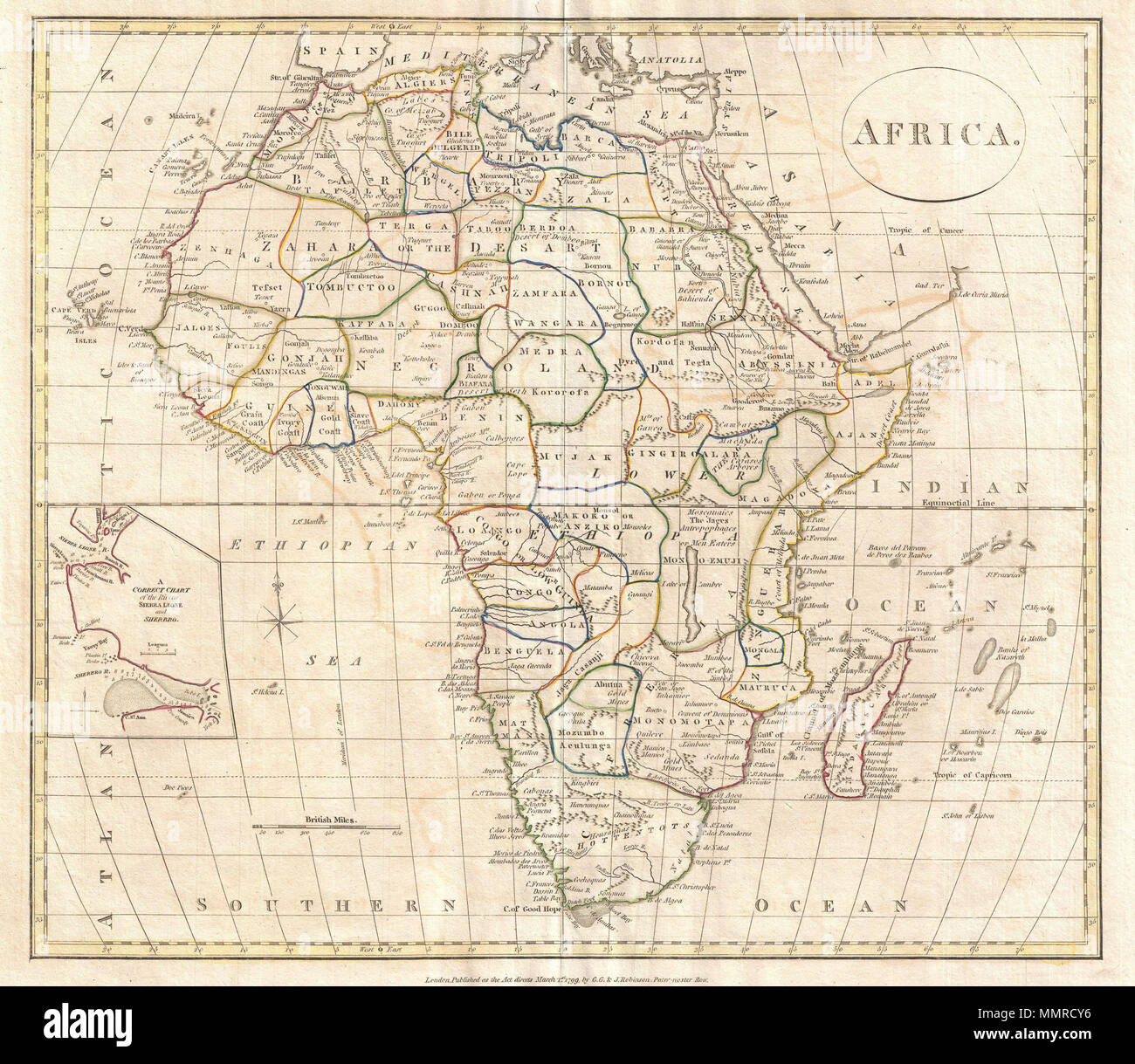 . Inglese: una multa 1799 Mappa di Africa dalla mappa inglese publisher Clemente Cruttwell. Copre tutta la regione, inclusa una dettagliata inset dei fiumi della Sierra Leone e Sherbro (etichettato "un grafico corretto dei fiumi della Sierra Leone e Sherbro.") di nota è il modo Cruttwell identificati attentamente l'interno dell'Africa; a questo punto il tempo è stato solo per le regioni costiere del continente che erano state esplorate in qualsiasi misura. Cruttwell, tuttavia, note ogni regno africano e della tribù pensato per esistere in tutto il continente. In Africa centrale, per esempio, uno può trovare il Jages, che sono de Foto Stock