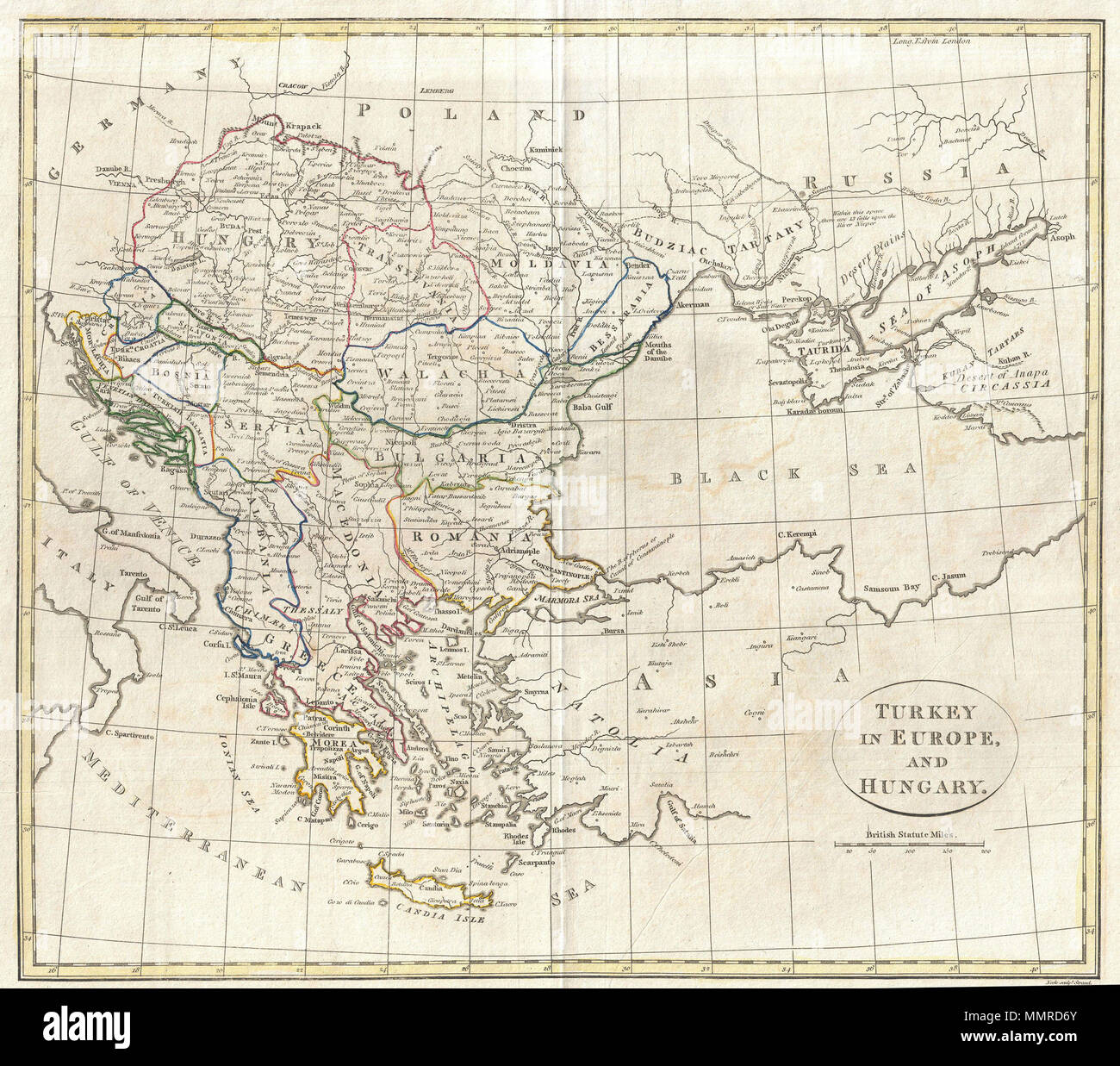 . Inglese: una multa 1799 mappa della Grecia, i Balcani e la Turchia in Europa dalla mappa inglese publisher Clemente Cruttwell. Coperchi da Ungheria e Moldavia nel nord, fino a Creta (Candia) nel sud; e dalla Croazia in occidente la Bessarabia in oriente, inclusivo di Grecia, Macedonia, Albania, Romania, Bulgaria, Serbia, Valacchia, Moldavia, Transilvania, Ungheria, Croazia e Bosnia. Mostra anche le parti adiacenti di Germania, Polonia, Russia, Turchia e Italia. Include i fiumi, i confini politici, città importanti, porti e golfi. Montagne e altri elementi topografici mostrato dal profilo. 0 Foto Stock