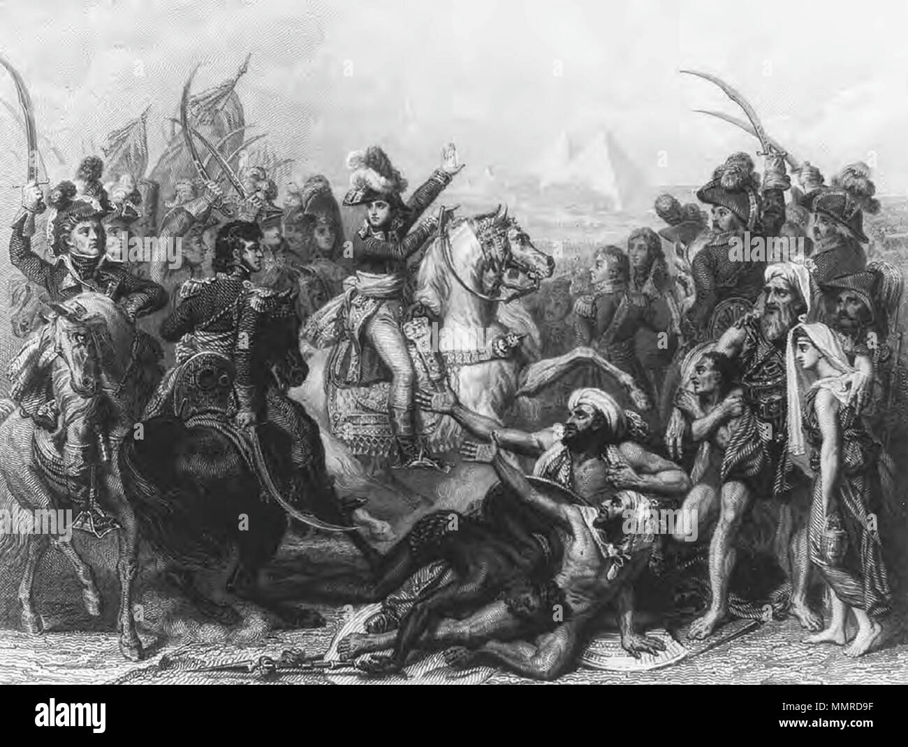 . Inglese: la battaglia delle Piramidi Luglio 21, 1798. Impiegando armi moderne e tattiche contro avversari armati e vestiti di moda medievale, Bonaparte sconfigge il Mamluks durante la sua campagna in Medio Oriente. . 1810. Battaglia sconosciuto delle piramidi Foto Stock