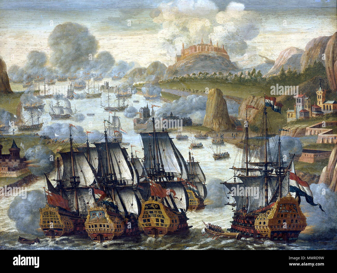La battaglia del mare della baia di Vigo, 23 ottobre 1702. Episodio della Guerra di Successione Spagnola.[1] titolo alternativo(s): Zeeslag in de baai van dei Vigos, 23 oktober 1702. Episodio uit de Spaanse successie-oorlog.[2]. circa 1705 (1702-1710). La battaglia della baia di Vigo ottobre 23 1702 Foto Stock