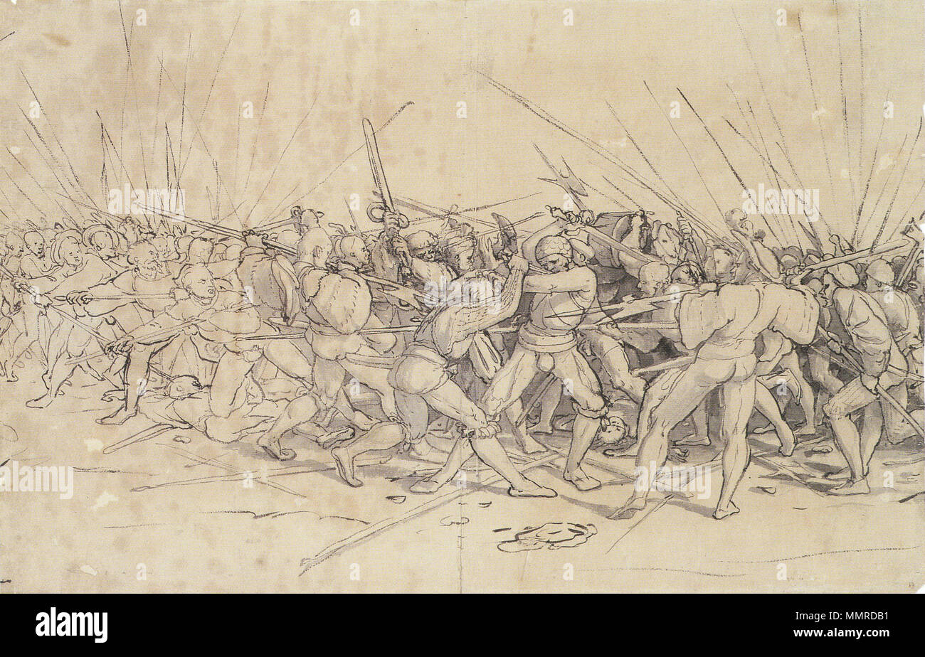 . Inglese: scena di battaglia. Penna e inchiostro e spazzola, grey wash, 28,6 × 44,1 cm, il Kunstmuseum di Basilea. Questa è la parte centrale di un disegno ritagliato da una composizione più ampia. Un atto copiare da un altro lato, che si estende ulteriormente verso destra e sinistra, è in Albertina di Vienna. Holbein ha applicato il lavaggio per le figure nel mezzo, lasciando solo quelli sulla sinistra incompleta. La battaglia rappresentata non è noto, ma un soldato sulla destra indossa la croce di Sant'Andrea, identificazione di lui come un landsknecht, un mercenario tedesco pikeman (Müller, 320-22). . Circa 1524. Hans Holbein (1497/1498-1543) alternativa Foto Stock