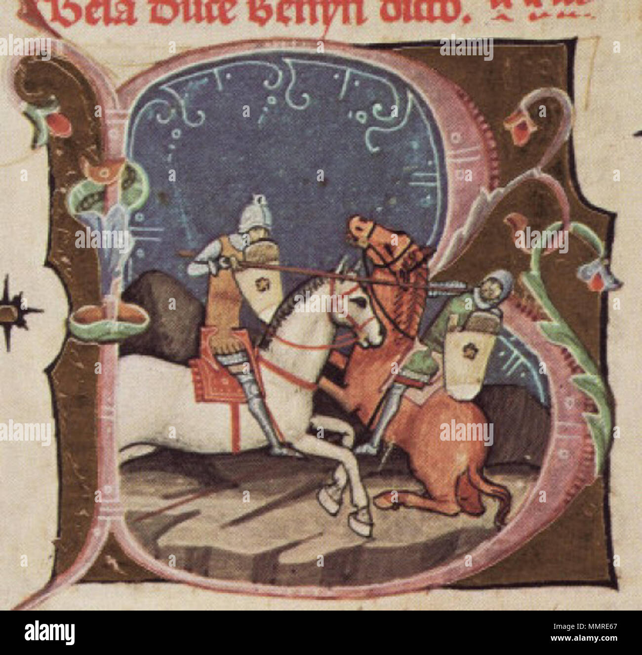 . Ungherese Inglese: Chronicon Pictum Béla I d'Ungheria (ancora come il principe in quel momento) lotta contro un guerriero di Pomerania. . Il XIV secolo. Bela sconosciuto Foto Stock